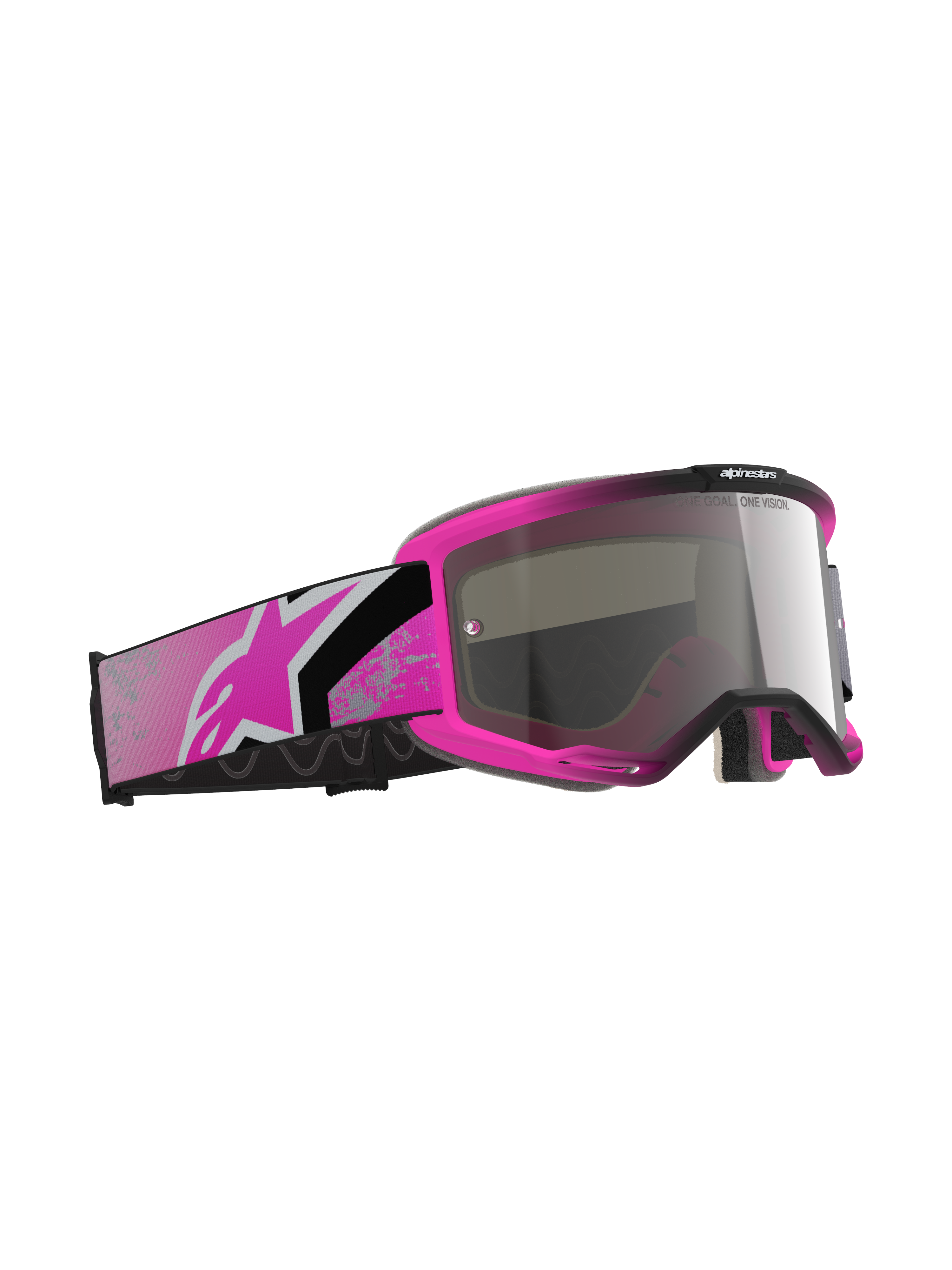 Alpinestars Vision 5 Lahnd Goggles, gogle motocrossowe, Iron Pink Fluo i Mirror Silver, jaskraworóżowa oprawka ze srebrną lustrzaną soczewką, szeroki różowo-czarny pasek z różowym logo Astars, gogle do wyścigów off-road