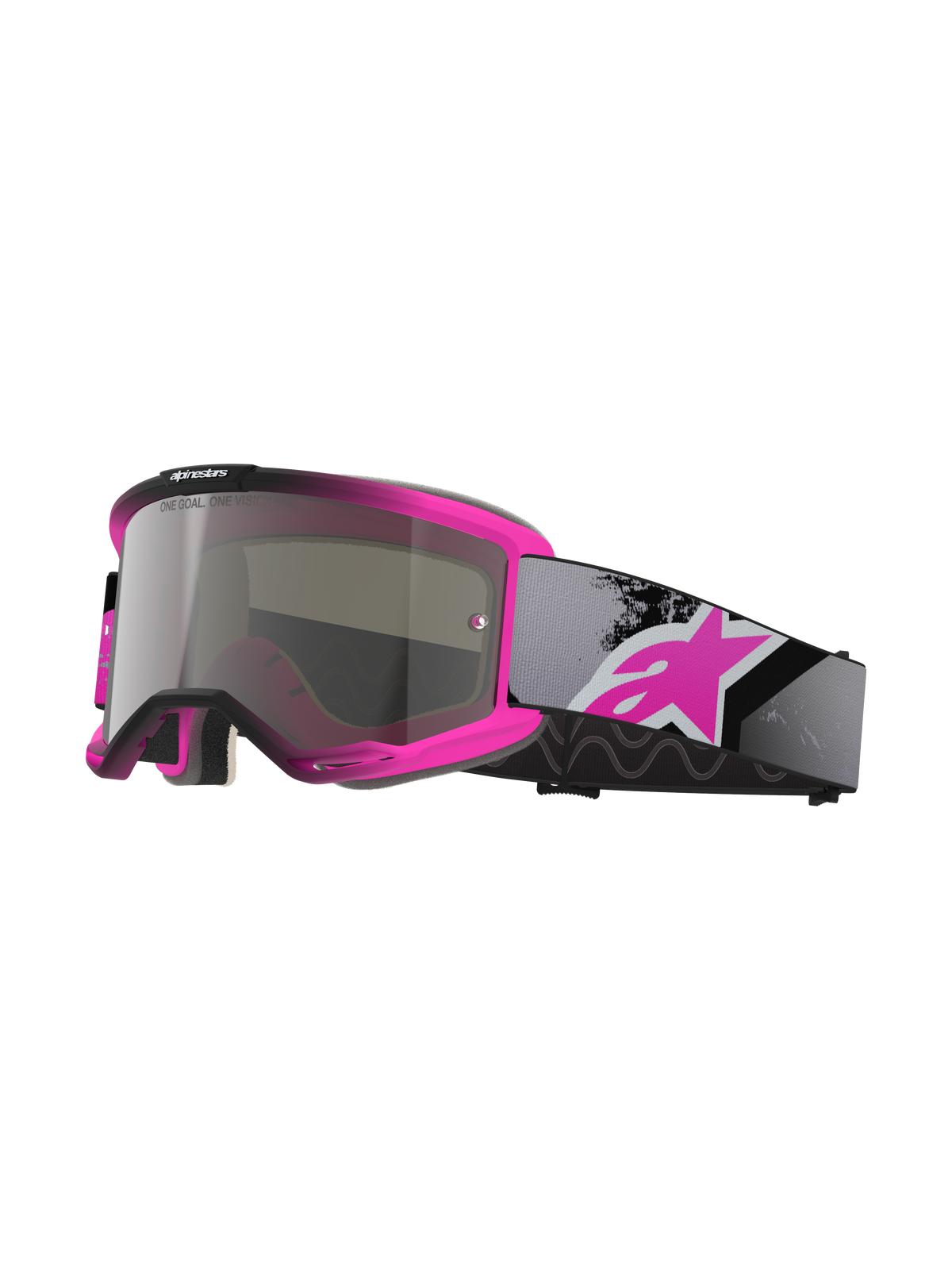 Alpinestars Vision 5 Lahnd, gogle motocrossowe, kolor Iron Pink Fluo i czarny, srebrna lustrzana soczewka z napisem „One Goal One Vision”, regulowany szary pasek z dużym różowym logo, wentylowana uretanowa rama do jazdy off-road