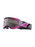 Alpinestars Vision 5 Lahnd, gogle motocrossowe, kolor Iron Pink Fluo i czarny, srebrna lustrzana soczewka z napisem „One Goal One Vision”, regulowany szary pasek z dużym różowym logo, wentylowana uretanowa rama do jazdy off-road