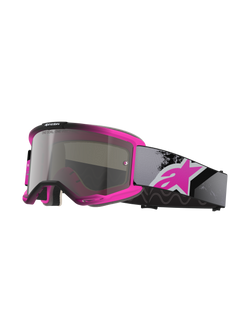 Alpinestars Vision 5 Lahnd, gogle motocrossowe, kolor Iron Pink Fluo i czarny, srebrna lustrzana soczewka z napisem „One Goal One Vision”, regulowany szary pasek z dużym różowym logo, wentylowana uretanowa rama do jazdy off-road