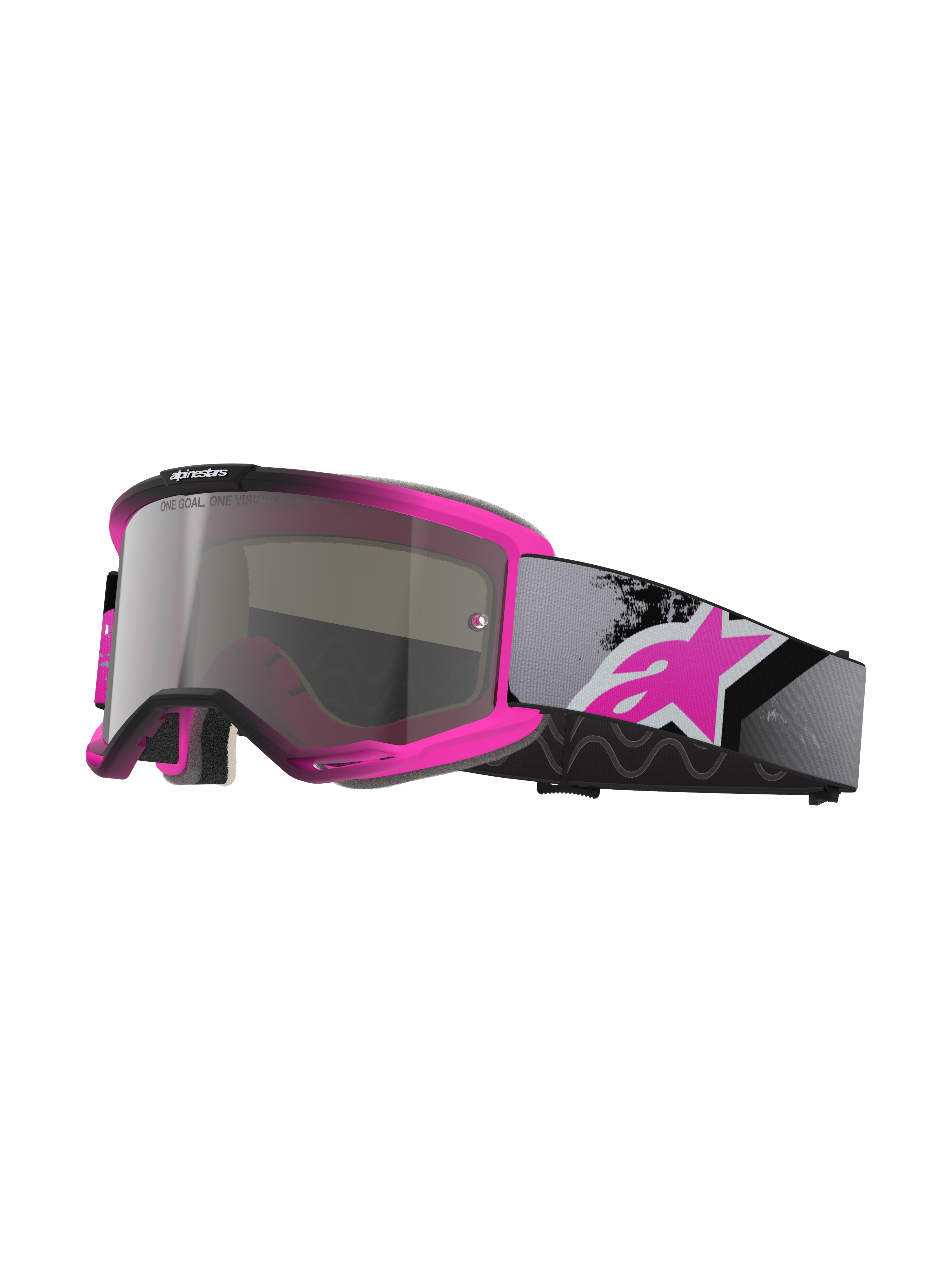 Alpinestars Vision 5 Lahnd, gogle motocrossowe, kolor Iron Pink Fluo i czarny, srebrna lustrzana soczewka z napisem „One Goal One Vision”, regulowany szary pasek z dużym różowym logo, wentylowana uretanowa rama do jazdy off-road