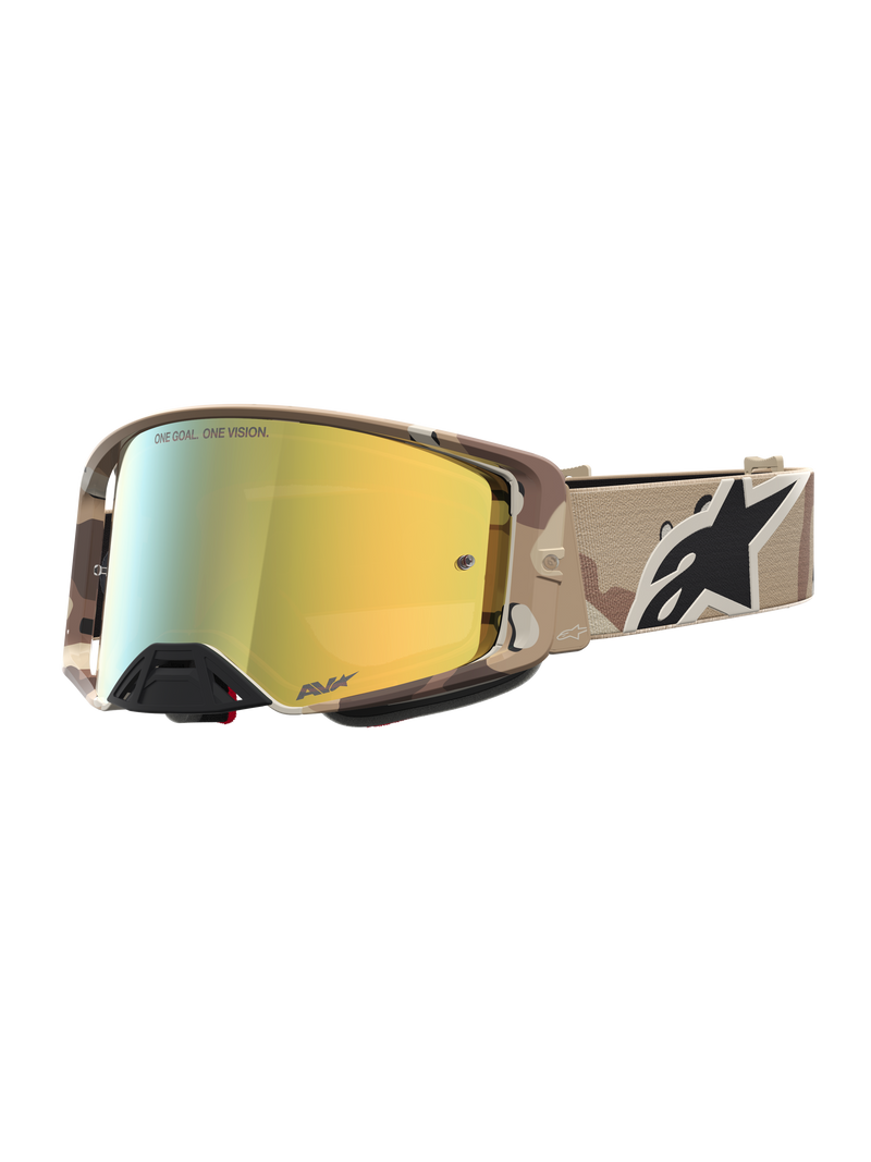 Alpinestars Supertech Lone, gogle motocrossowe, piaskowy kamuflaż, złota lustrzana szybka, szeroki pasek, styl off-road.