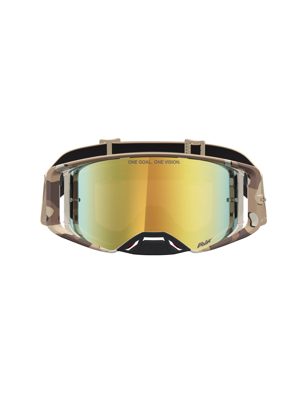Alpinestars Supertech Lone, gogle motocrossowe off-road, piaskowy kamuflaż i złota lustrzana soczewka, profesjonalna optyka.