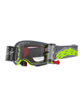 Alpinestars Supertech Stream Goggles, gogle motocrossowe, szare i neonowożółte, przezroczysta soczewka ze zintegrowanym systemem Wide Vision Roll-Off, zasobniki po obu stronach z czerwonym uchwytem, faliste silikonowe linie Glide Lines, regulowany szary pasek z dużym neonowożółtym logo astars, wysokiej klasy ochrona oczu do wyścigów off-road
