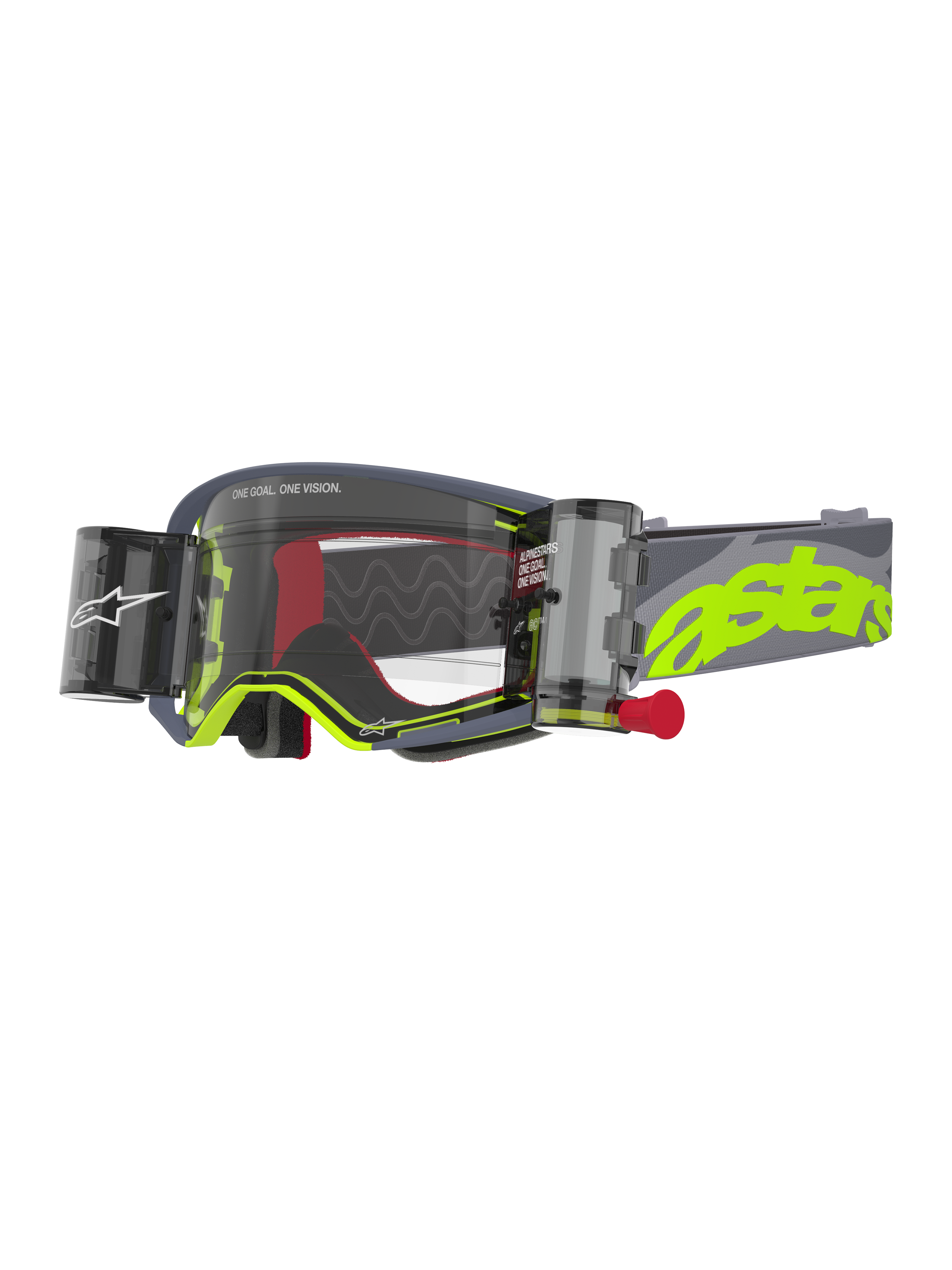 Alpinestars Supertech Stream Goggles, gogle motocrossowe, szare i neonowożółte, przezroczysta soczewka ze zintegrowanym systemem Wide Vision Roll-Off, zasobniki po obu stronach z czerwonym uchwytem, faliste silikonowe linie Glide Lines, regulowany szary pasek z dużym neonowożółtym logo astars, wysokiej klasy ochrona oczu do wyścigów off-road