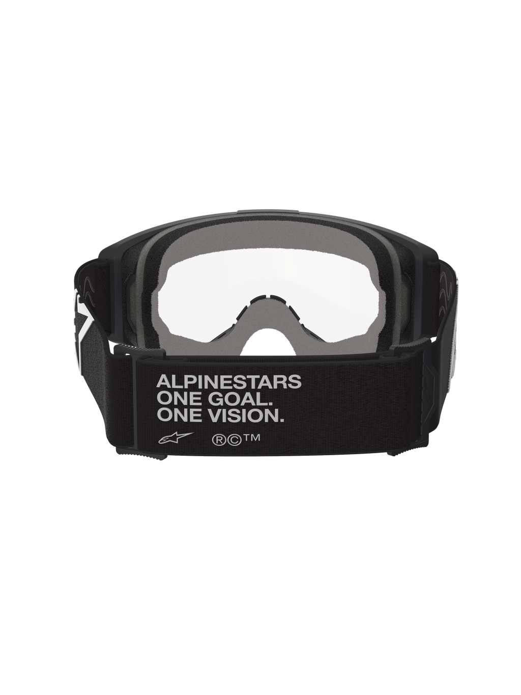 Alpinestars Vision Goggles OTG, gogle motocrossowe, czarno-szare, widok z tyłu ukazujący szeroki, czarny, tkany pasek z hasłem marki, wielowarstwowa szara pianka, przezroczysta soczewka, konstrukcja przystosowana do noszenia na okulary korekcyjne
