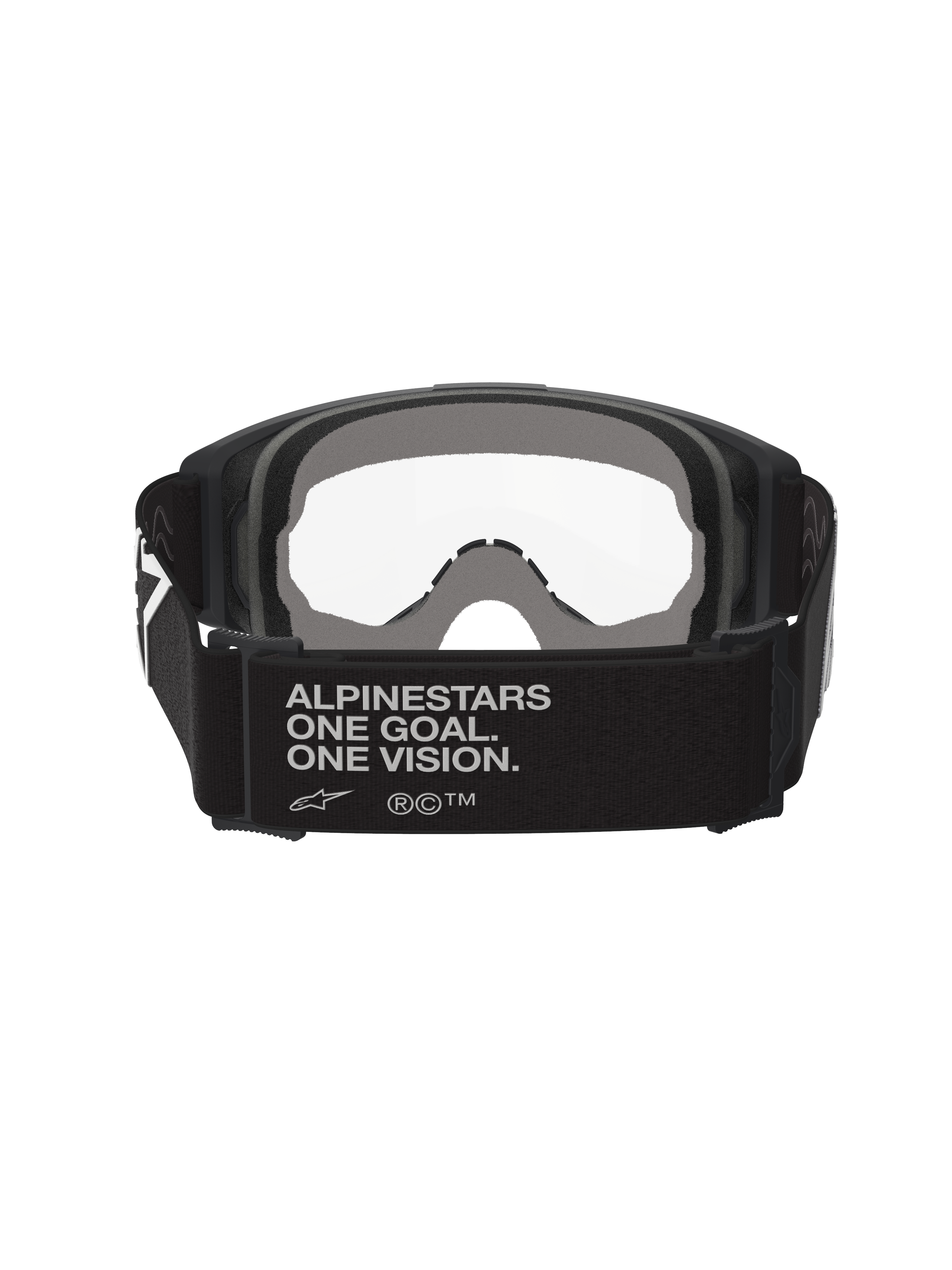 Alpinestars Vision Goggles OTG, gogle motocrossowe, czarno-szare, widok z tyłu ukazujący szeroki, czarny, tkany pasek z hasłem marki, wielowarstwowa szara pianka, przezroczysta soczewka, konstrukcja przystosowana do noszenia na okulary korekcyjne
