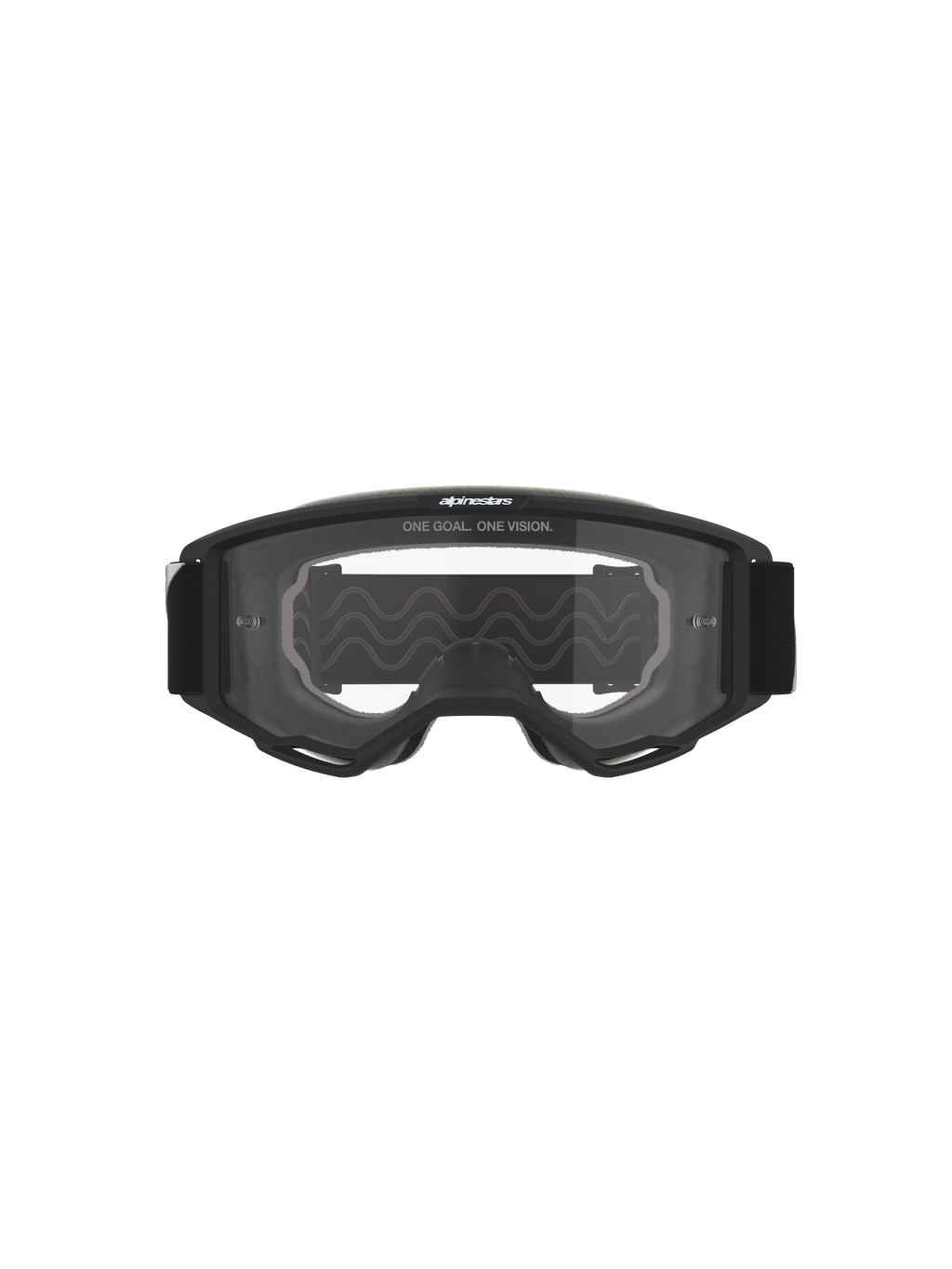 Alpinestars Vision Goggles OTG, gogle motocrossowe, czarna oprawka z przezroczystą szybką, widok z przodu z napisem „ONE GOAL. ONE VISION.” i logo marki, konstrukcja o zwiększonej objętości kompatybilna z okularami korekcyjnymi