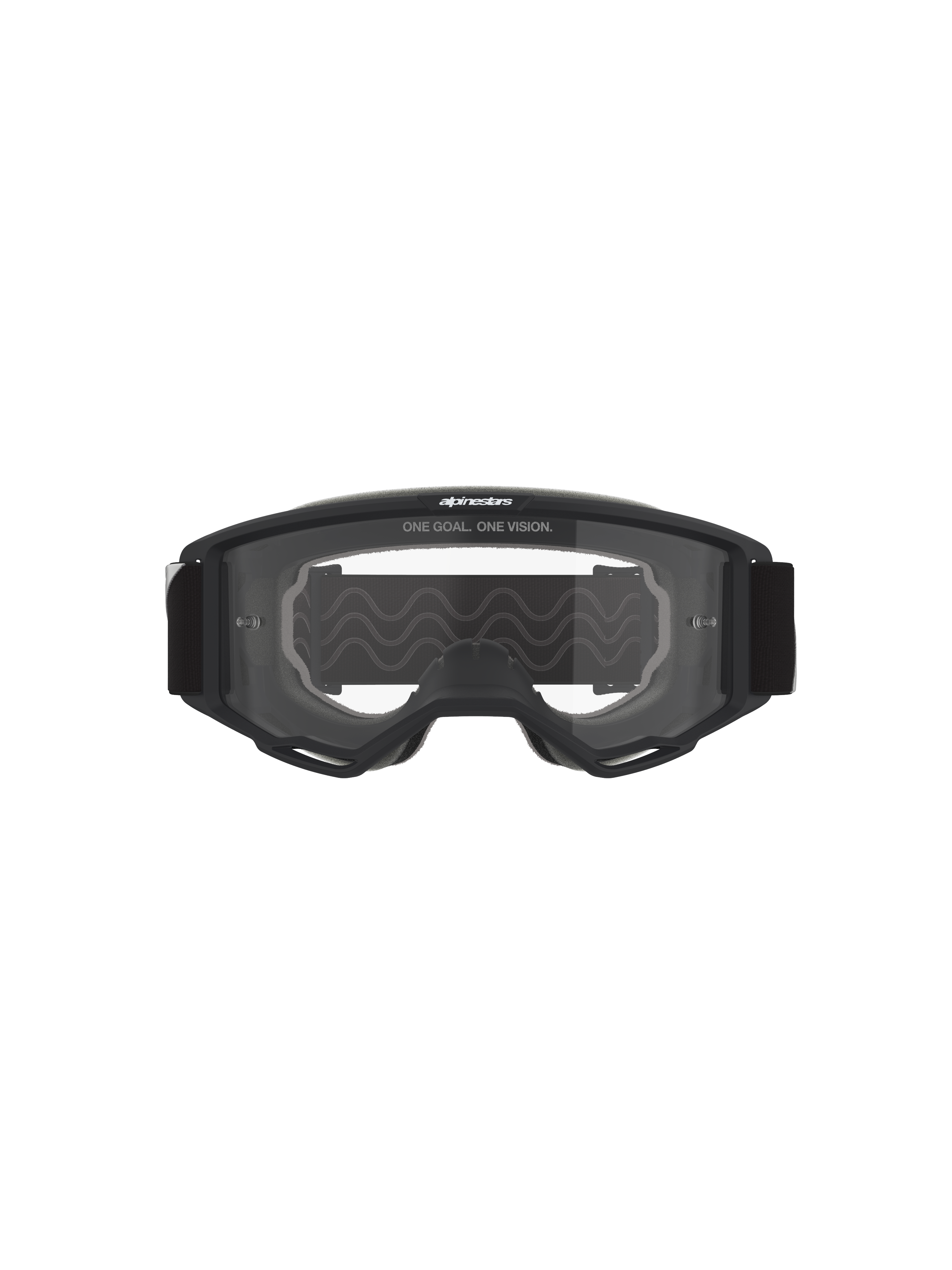 Alpinestars Vision Goggles OTG, gogle motocrossowe, czarna oprawka z przezroczystą szybką, widok z przodu z napisem „ONE GOAL. ONE VISION.” i logo marki, konstrukcja o zwiększonej objętości kompatybilna z okularami korekcyjnymi