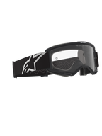 Alpinestars Vision Goggles OTG, gogle motocrossowe, czarno-szare z przezroczystą soczewką, czarna oprawka z szerokim paskiem z białym logo Alpinestars i szarym silikonowym wzorem przyczepności, ramka o dużej objętości zaprojektowana do okularów korekcyjnych, soczewka przeciwmgielna z detalami marki.