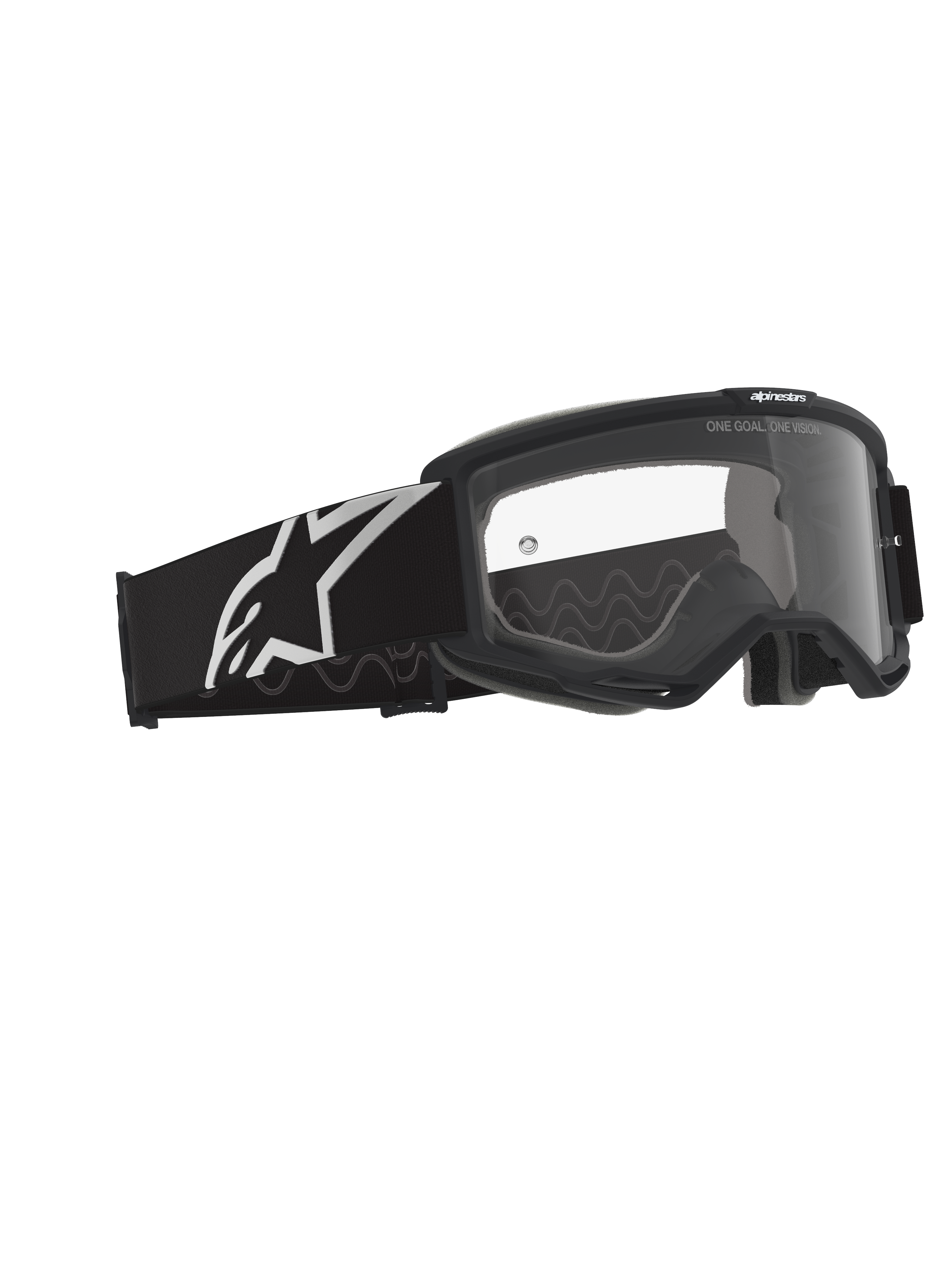Alpinestars Vision Goggles OTG, gogle motocrossowe, czarno-szare z przezroczystą soczewką, czarna oprawka z szerokim paskiem z białym logo Alpinestars i szarym silikonowym wzorem przyczepności, ramka o dużej objętości zaprojektowana do okularów korekcyjnych, soczewka przeciwmgielna z detalami marki.