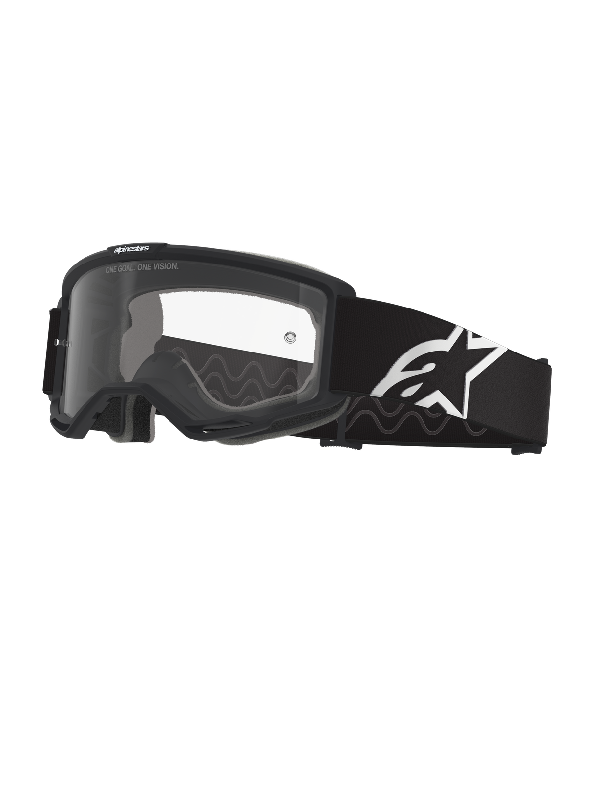 Alpinestars Vision Goggles OTG, gogle motocrossowe, czarno-szare z przezroczystą soczewką, szeroki czarny tkany pasek z białym logo Alpinestars, ramka o dużej objętości przystosowana do okularów korekcyjnych, gogle ochronne do jazdy off-road