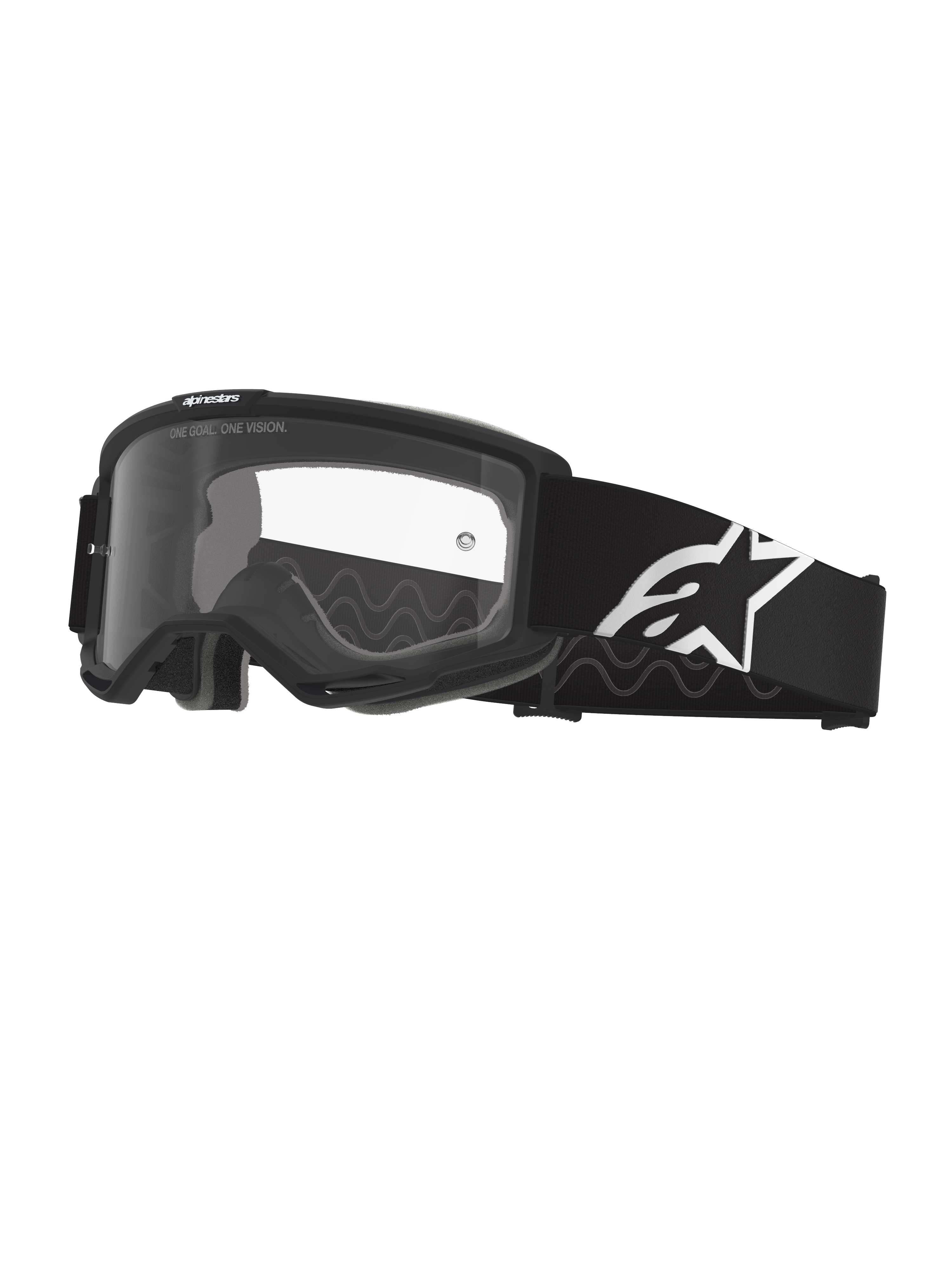 Alpinestars Vision Goggles OTG, gogle motocrossowe, czarno-szare z przezroczystą soczewką, szeroki czarny tkany pasek z białym logo Alpinestars, ramka o dużej objętości przystosowana do okularów korekcyjnych, gogle ochronne do jazdy off-road