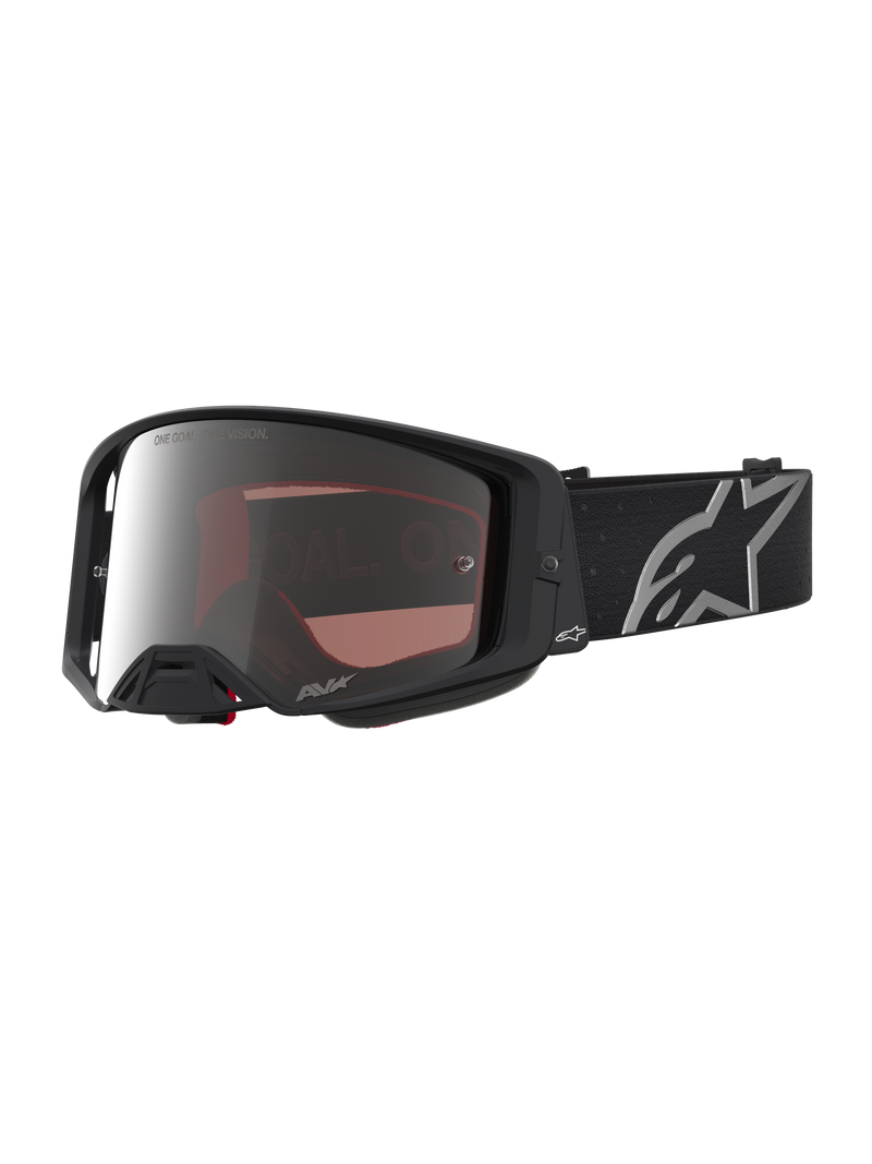 Gogle Alpinestars Supertech Vesta, profesjonalne gogle motocrossowe, czarne matowe ze srebrnymi lustrzanymi soczewkami, optyka wysokiej rozdzielczości do wyścigów off-road, szeroki czarny pasek z logo.