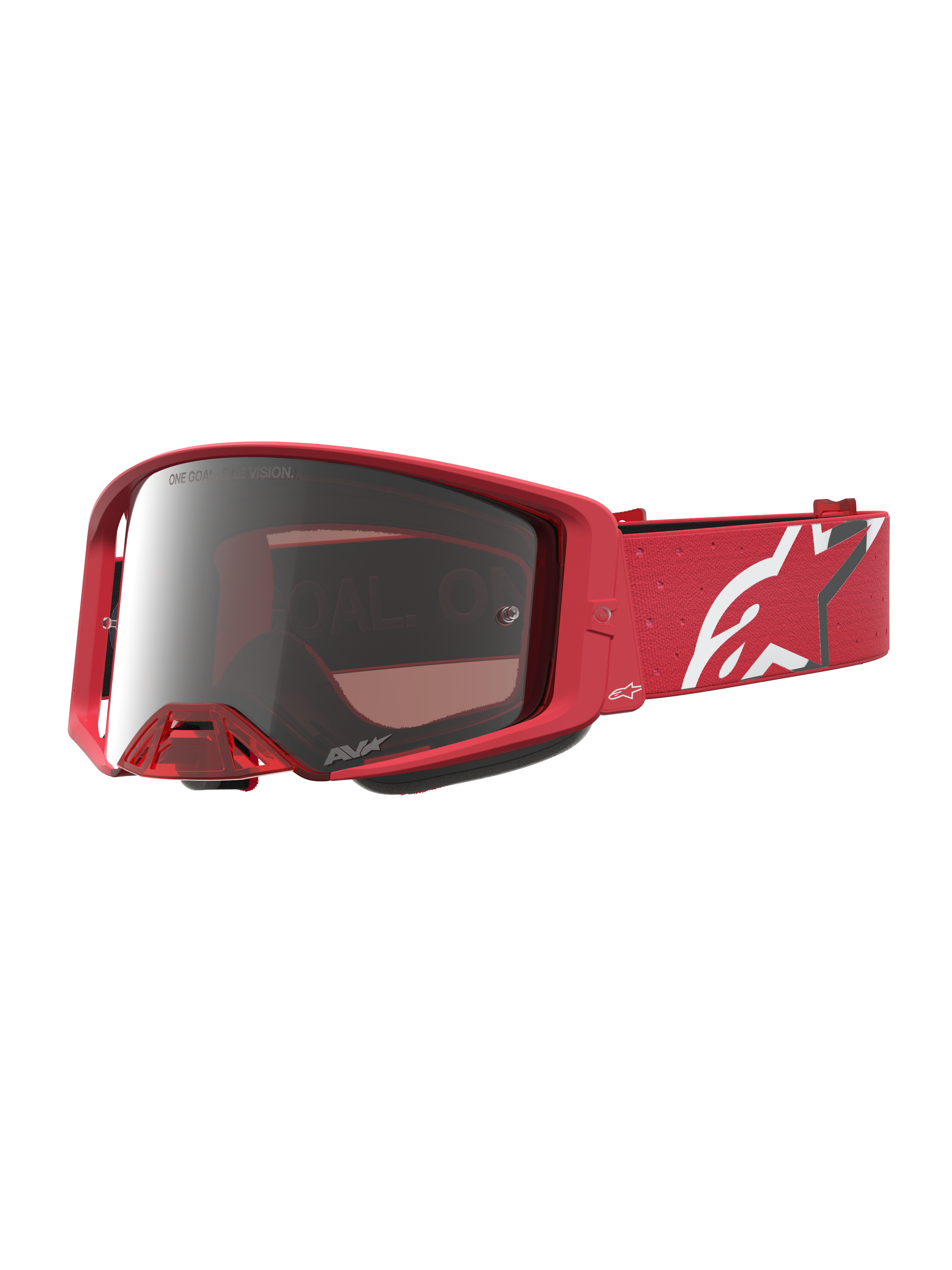 Alpinestars Supertech Vesta Motocross Goggles in Red Fluo with Chrome Mirror Silver lens and white logo strap.