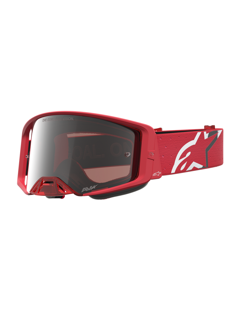 Alpinestars Supertech Vesta, gogle motocrossowe, czerwone fluo ze srebrną lustrzaną szybką i białym logo na pasku.