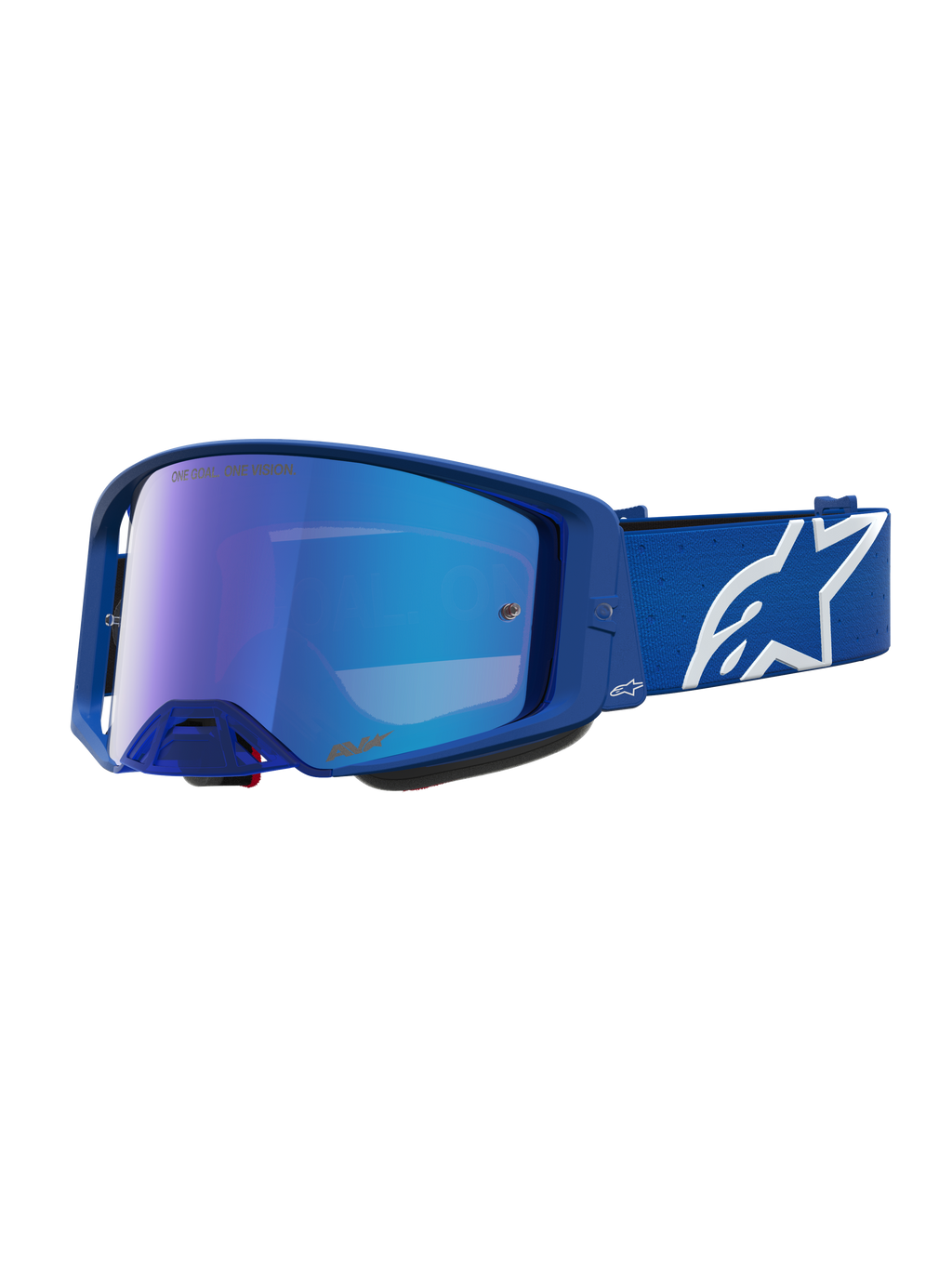 Alpinestars Supertech Vesta, gogle motocrossowe, niebieskie i białe, niebieska lustrzana soczewka, biały pasek z logo gwiazdy.
