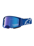 Alpinestars Supertech Vesta, gogle motocrossowe, niebieskie i białe, niebieska lustrzana soczewka, biały pasek z logo gwiazdy.