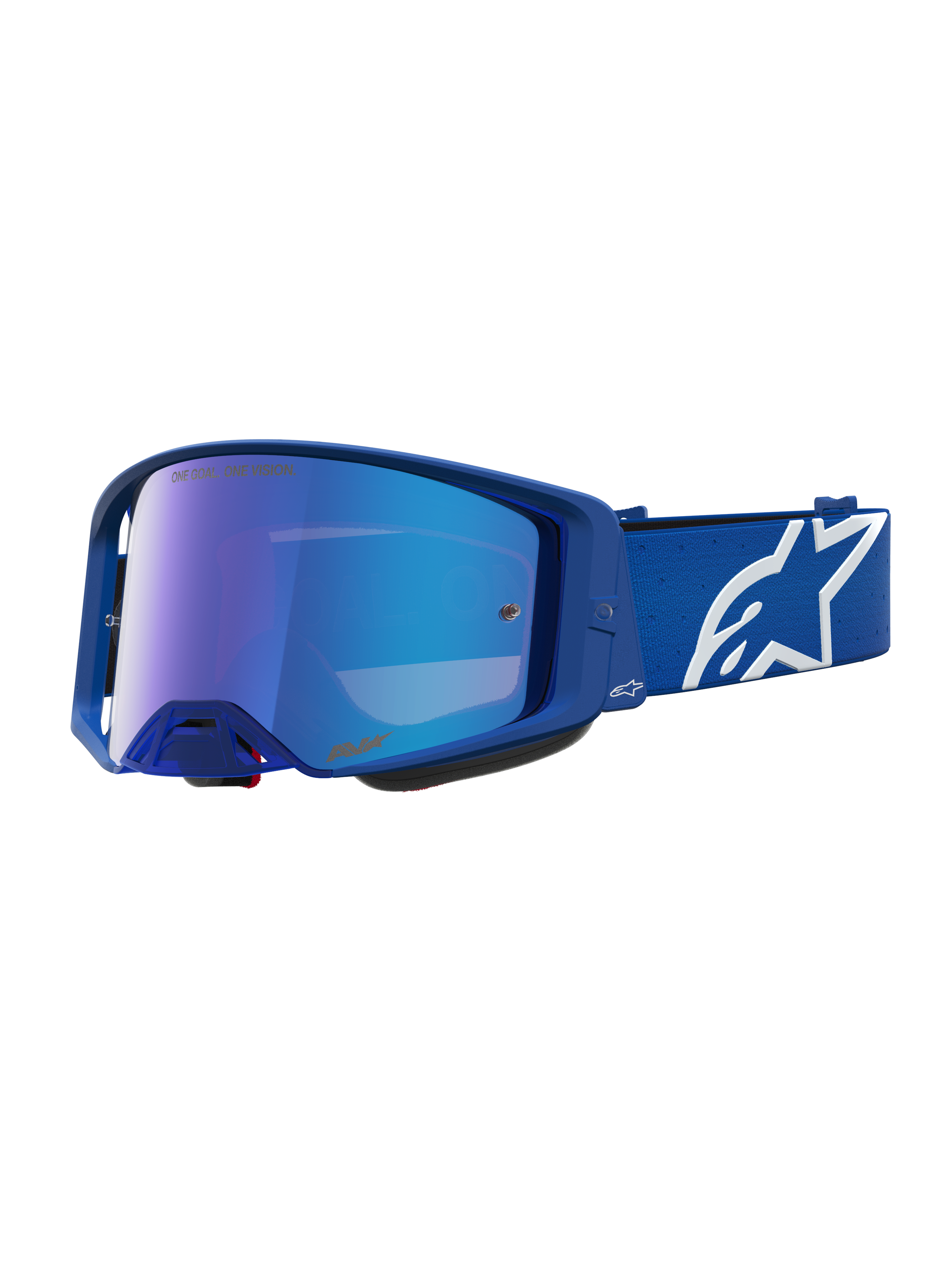 Alpinestars Supertech Vesta, gogle motocrossowe, niebieskie i białe, niebieska lustrzana soczewka, biały pasek z logo gwiazdy.