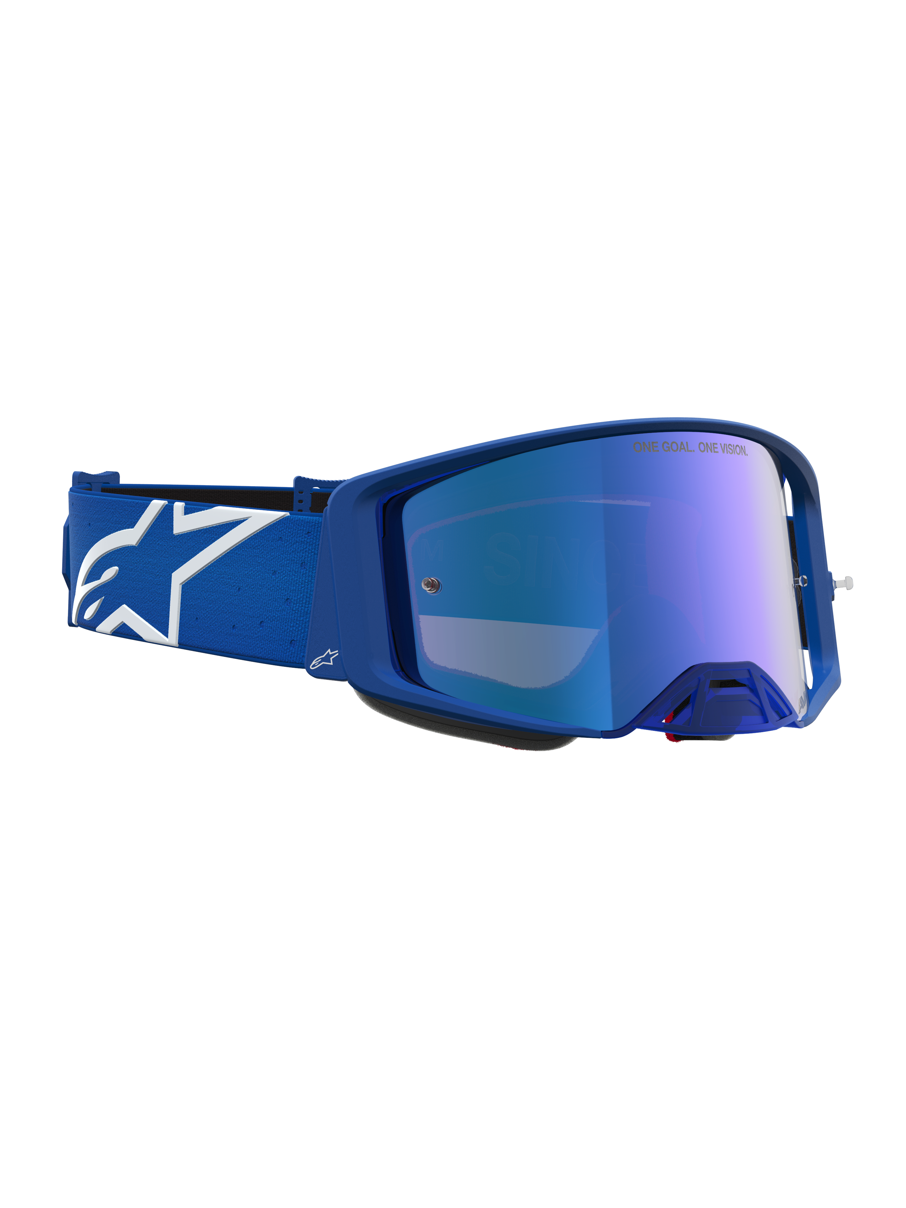 Gogle Alpinestars Supertech Vesta, niebieskie i białe, lustrzana niebieska soczewka, gogle motocrossowe do wyścigów off-road.