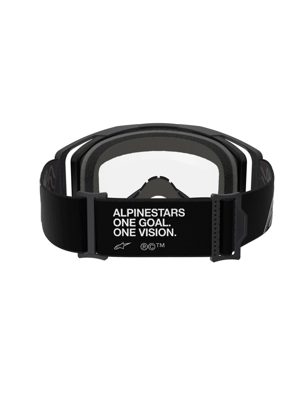 Gogle Alpinestars Vision 8 Corp, Black Clear, widok z tyłu, czarny regulowany pasek z białym napisem „ALPINESTARS ONE GOAL. ONE VISION.”, szara wielowarstwowa pianka na twarz, przezroczysta soczewka z poliwęglanu, wyczynowe gogle motocrossowe
