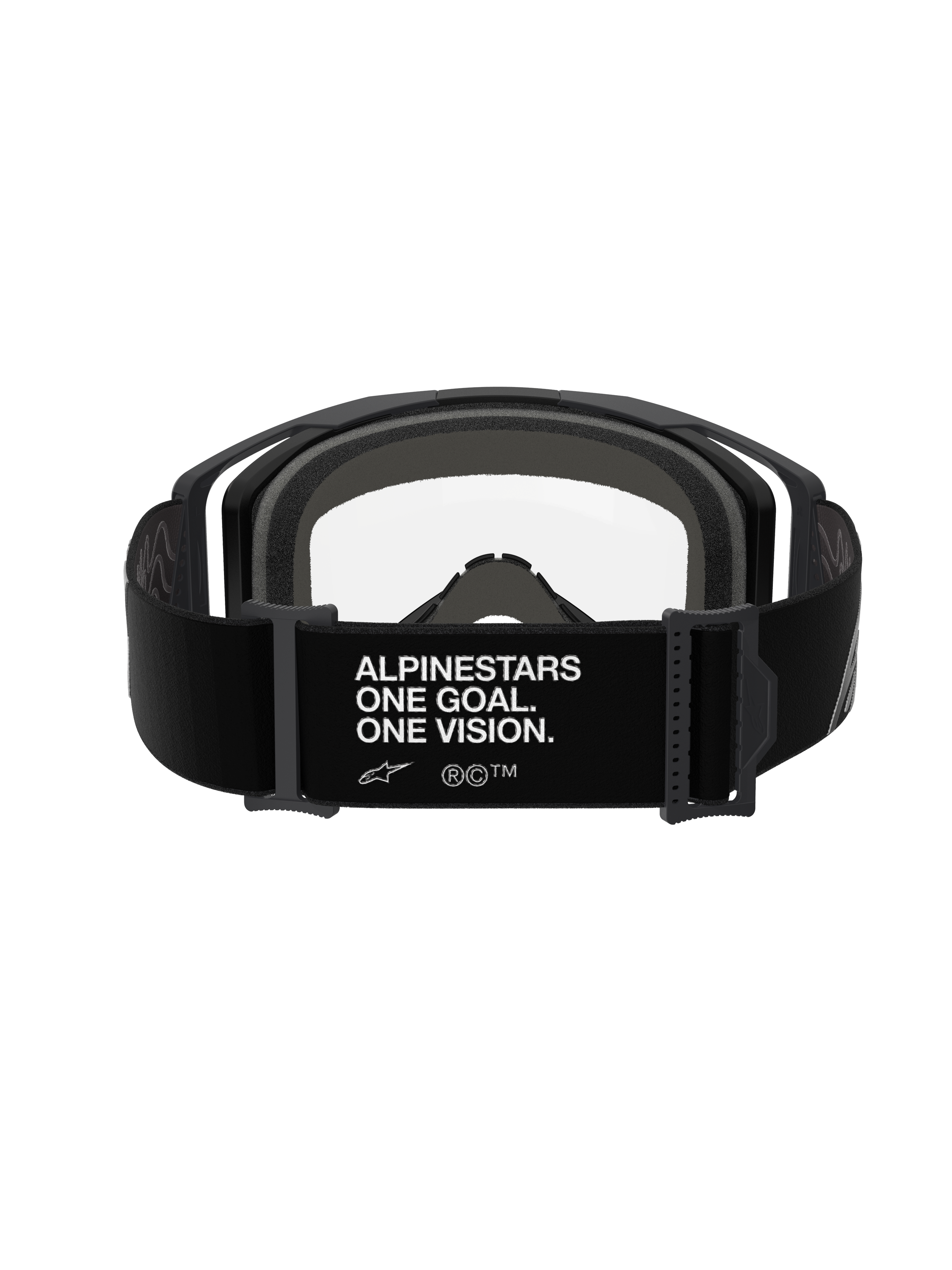 Gogle Alpinestars Vision 8 Corp, Black Clear, widok z tyłu, czarny regulowany pasek z białym napisem „ALPINESTARS ONE GOAL. ONE VISION.”, szara wielowarstwowa pianka na twarz, przezroczysta soczewka z poliwęglanu, wyczynowe gogle motocrossowe