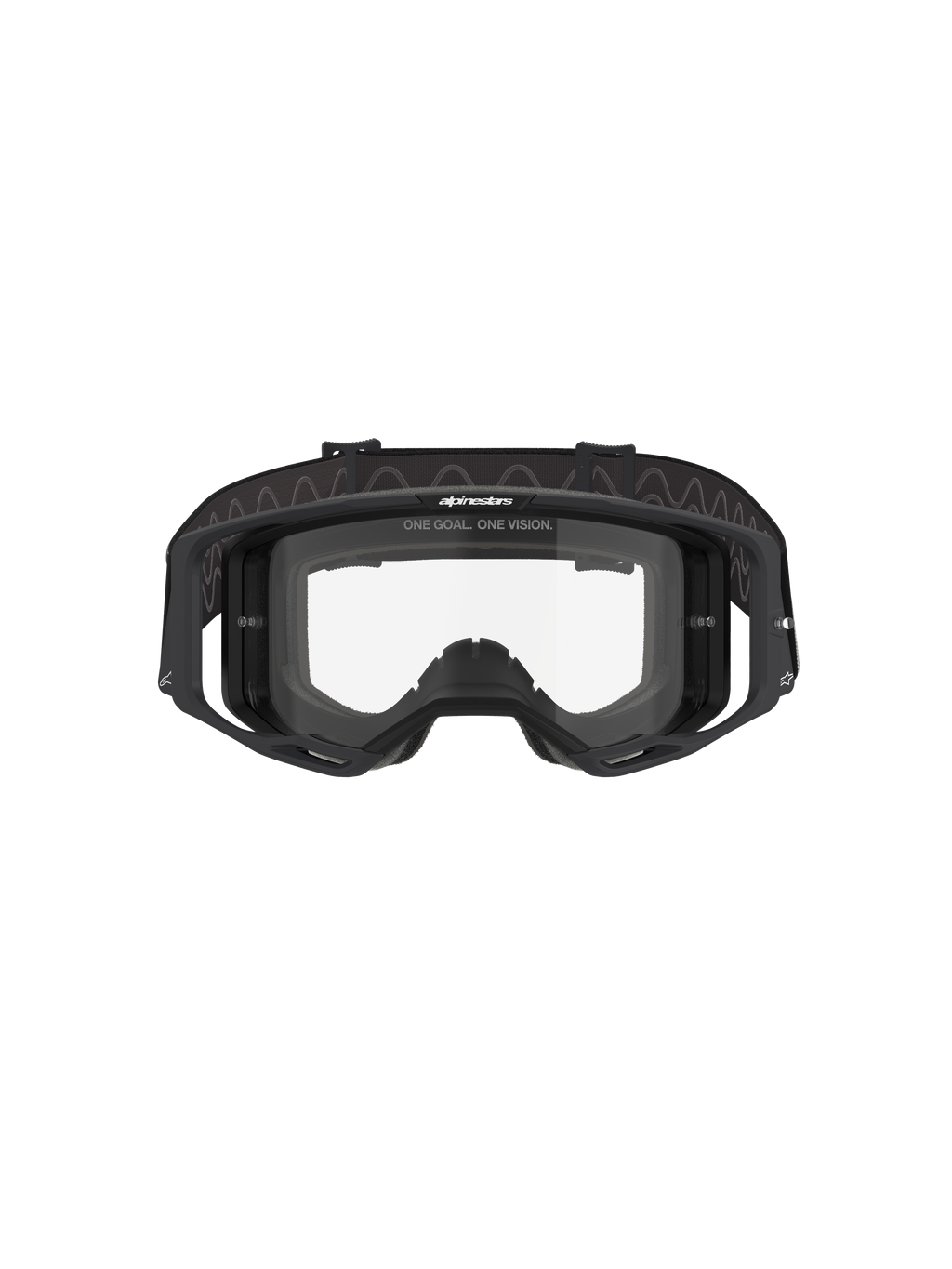 Gogle Alpinestars Vision 8 Corp, gogle motocrossowe, czarna oprawka z przezroczystą soczewką, widok z przodu ukazujący konstrukcję o szerokim polu widzenia, zintegrowane wsporniki boczne i tkany pasek z logo Alpinestars, profesjonalna ochrona oczu do wyścigów off-road