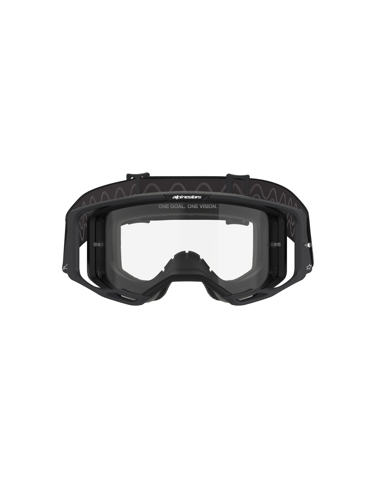 Gogle Alpinestars Vision 8 Corp, gogle motocrossowe, czarna oprawka z przezroczystą soczewką, widok z przodu ukazujący konstrukcję o szerokim polu widzenia, zintegrowane wsporniki boczne i tkany pasek z logo Alpinestars, profesjonalna ochrona oczu do wyścigów off-road