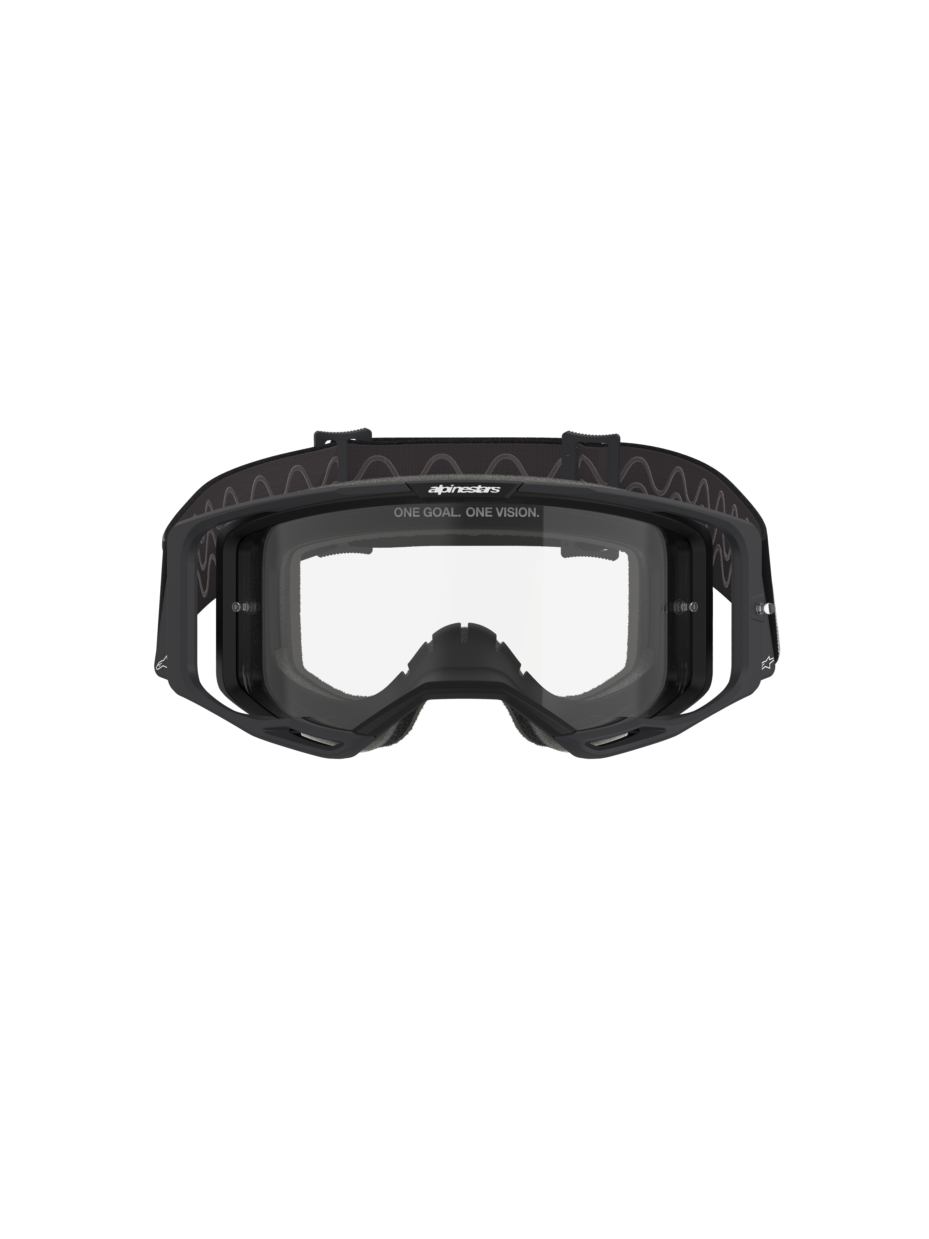 Gogle Alpinestars Vision 8 Corp, gogle motocrossowe, czarna oprawka z przezroczystą soczewką, widok z przodu ukazujący konstrukcję o szerokim polu widzenia, zintegrowane wsporniki boczne i tkany pasek z logo Alpinestars, profesjonalna ochrona oczu do wyścigów off-road