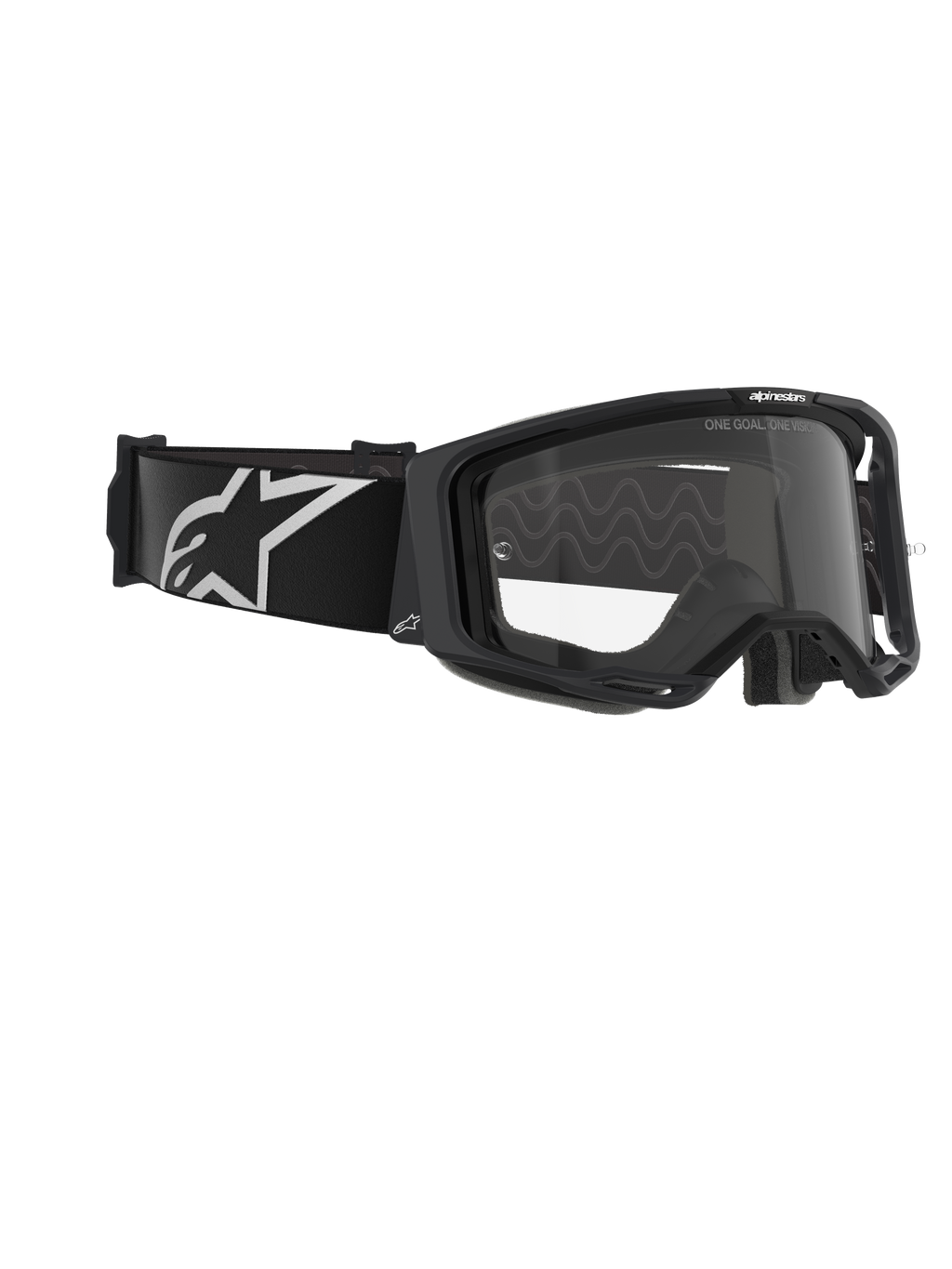 Gogle Alpinestars Vision 8 Corp, gogle motocrossowe, czarna oprawka z przezroczystą szybką, szeroki czarny tkany pasek z białym logo A-star, napis „ONE GOAL. ONE VISION.” na szybce, profesjonalny design wyścigowy do jazdy w terenie