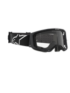 Gogle Alpinestars Vision 8 Corp, gogle motocrossowe, czarna oprawka z przezroczystą szybką, szeroki czarny tkany pasek z białym logo A-star, napis „ONE GOAL. ONE VISION.” na szybce, profesjonalny design wyścigowy do jazdy w terenie