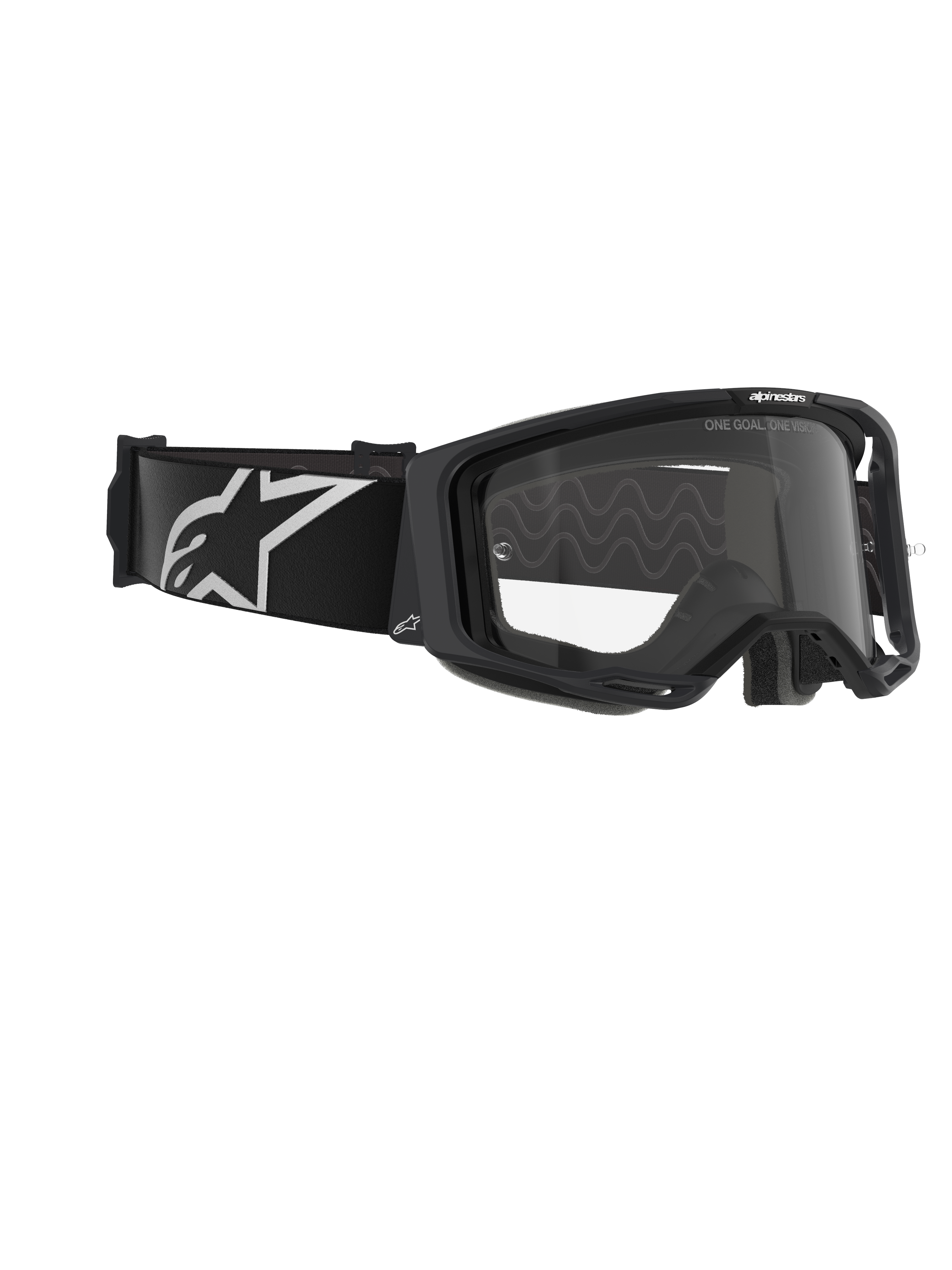 Gogle Alpinestars Vision 8 Corp, gogle motocrossowe, czarna oprawka z przezroczystą szybką, szeroki czarny tkany pasek z białym logo A-star, napis „ONE GOAL. ONE VISION.” na szybce, profesjonalny design wyścigowy do jazdy w terenie