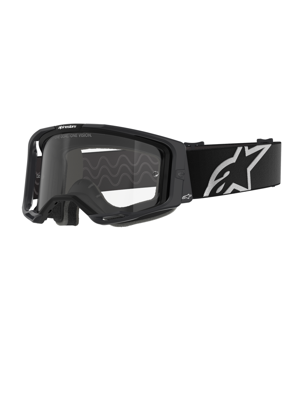 Gogle Alpinestars Vision 8 Corp, gogle motocrossowe, czarna oprawka z przezroczystą szybką, szeroki czarny regulowany pasek z wyraźnym białym logo gwiazdy Alpinestars, widoczna formowana pianka 3D, profesjonalna ochrona oczu do wyścigów terenowych