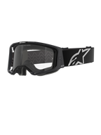 Gogle Alpinestars Vision 8 Corp, gogle motocrossowe, czarna oprawka z przezroczystą szybką, szeroki czarny regulowany pasek z wyraźnym białym logo gwiazdy Alpinestars, widoczna formowana pianka 3D, profesjonalna ochrona oczu do wyścigów terenowych