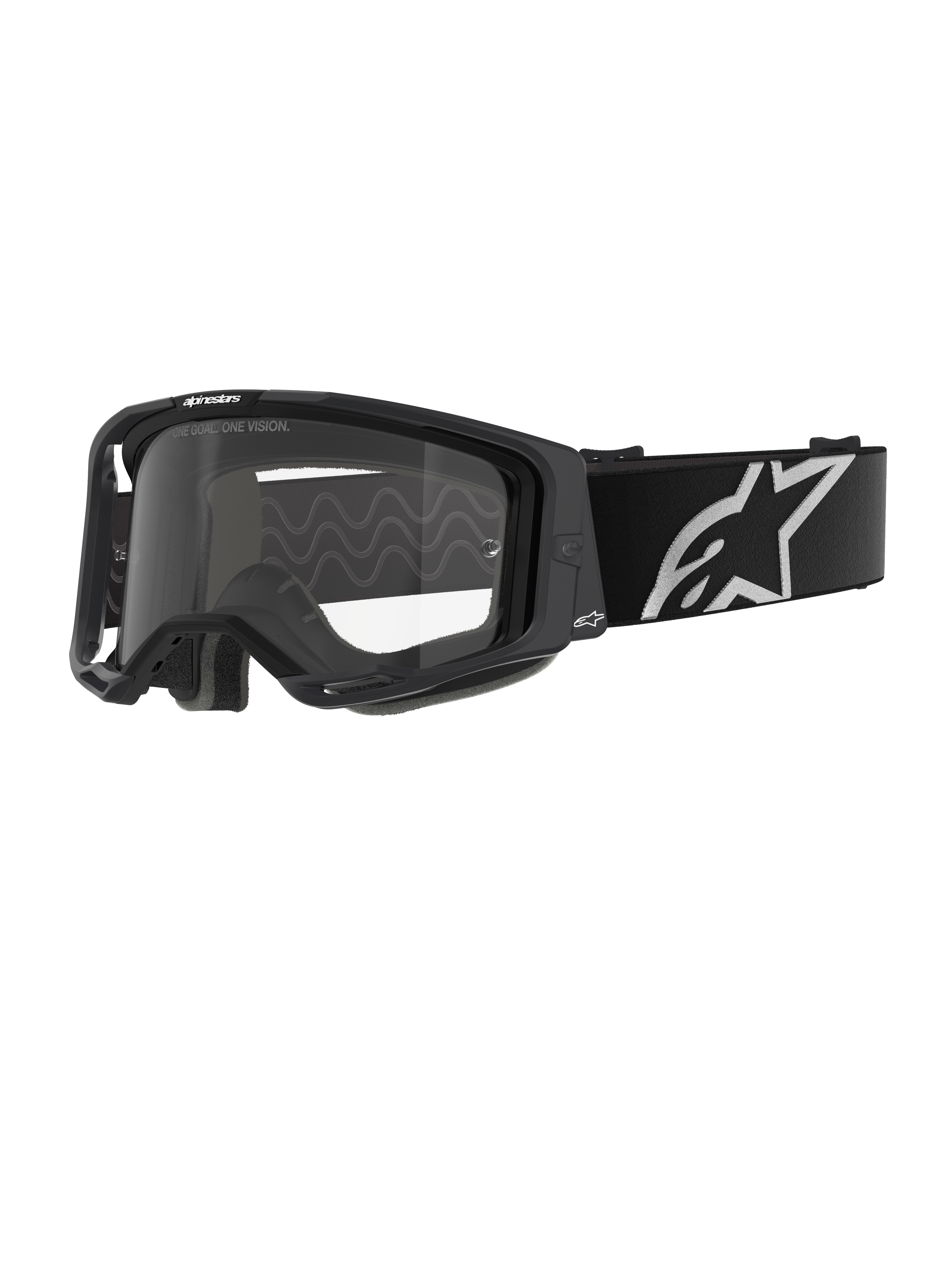 Alpinestars Vision 8 Corp Goggles, Motocross Goggles, Black frame with Clear lens, wide black adjustable strap with prominent white Alpinestars star logo, visible 3D molded face foam, professional off-road racing eye protection