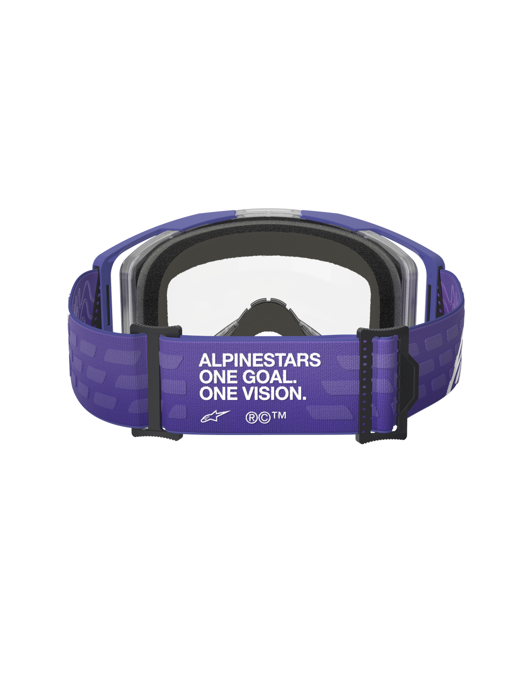 Gogle Alpinestars Vision 8 Corp, gogle motocrossowe, fioletowe z przezroczystą szybką, widok z tyłu pokazujący fioletowy pasek z napisem „ALPINESTARS ONE GOAL. ONE VISION.”, czarna pianka i przezroczysta soczewka, wyposażenie do wyścigów terenowych