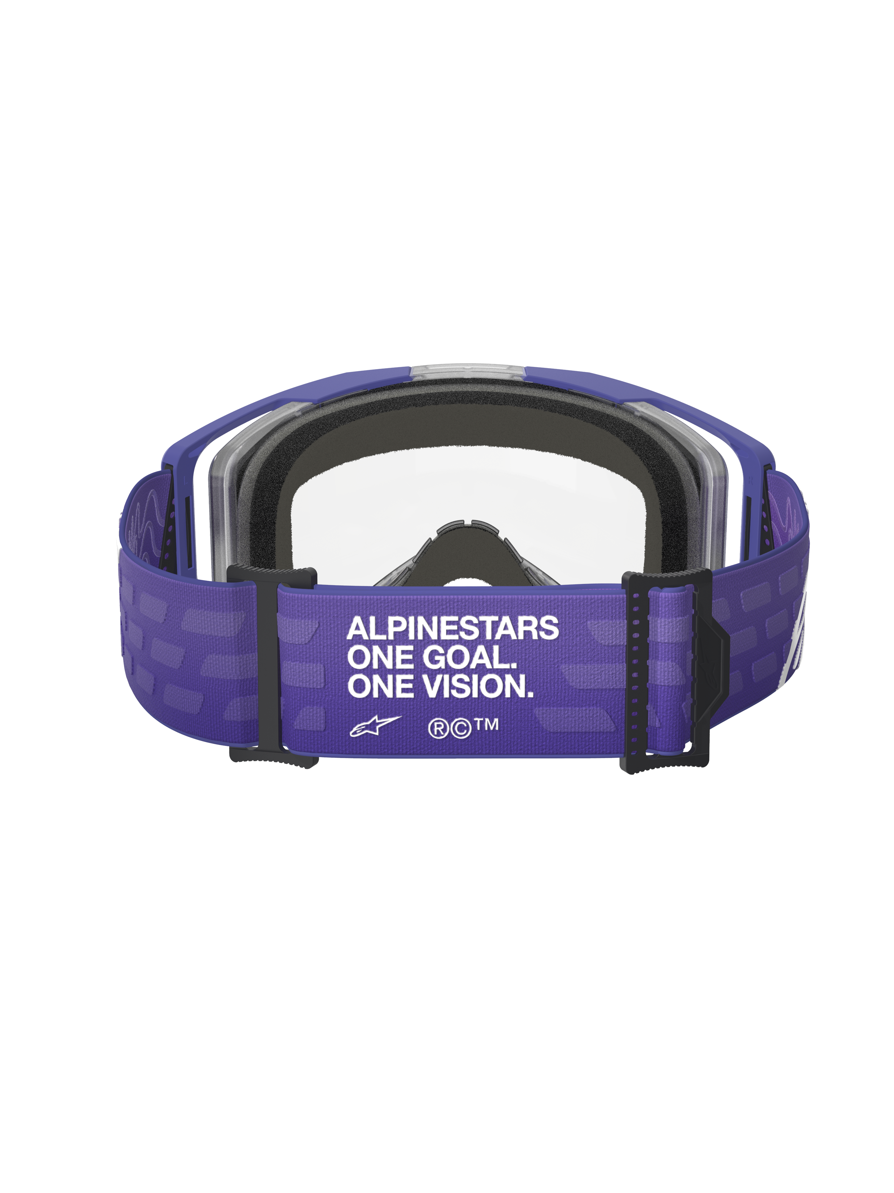 Gogle Alpinestars Vision 8 Corp, gogle motocrossowe, fioletowe z przezroczystą szybką, widok z tyłu pokazujący fioletowy pasek z napisem „ALPINESTARS ONE GOAL. ONE VISION.”, czarna pianka i przezroczysta soczewka, wyposażenie do wyścigów terenowych