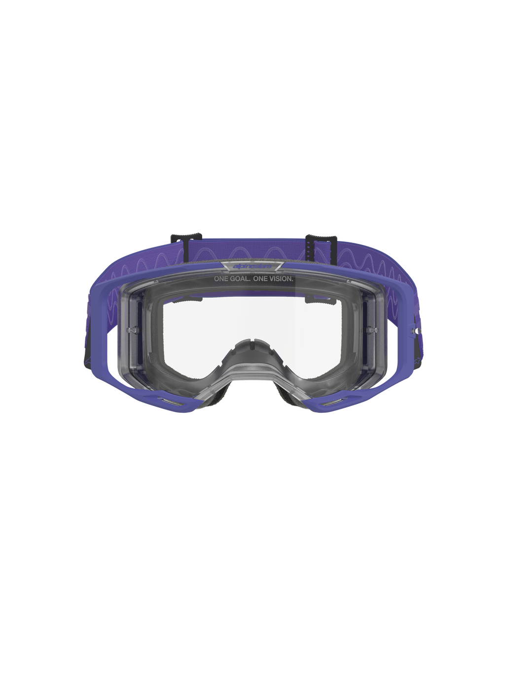 Gogle Alpinestars Vision 8 Corp, gogle motocrossowe, fioletowe i przezroczyste, fioletowa ramka A-FLEX, przezroczysta soczewka przeciwmgielna i szeroki fioletowy tkany pasek z wzorem fali, wysokowydajna ochrona oczu do wyścigów terenowych