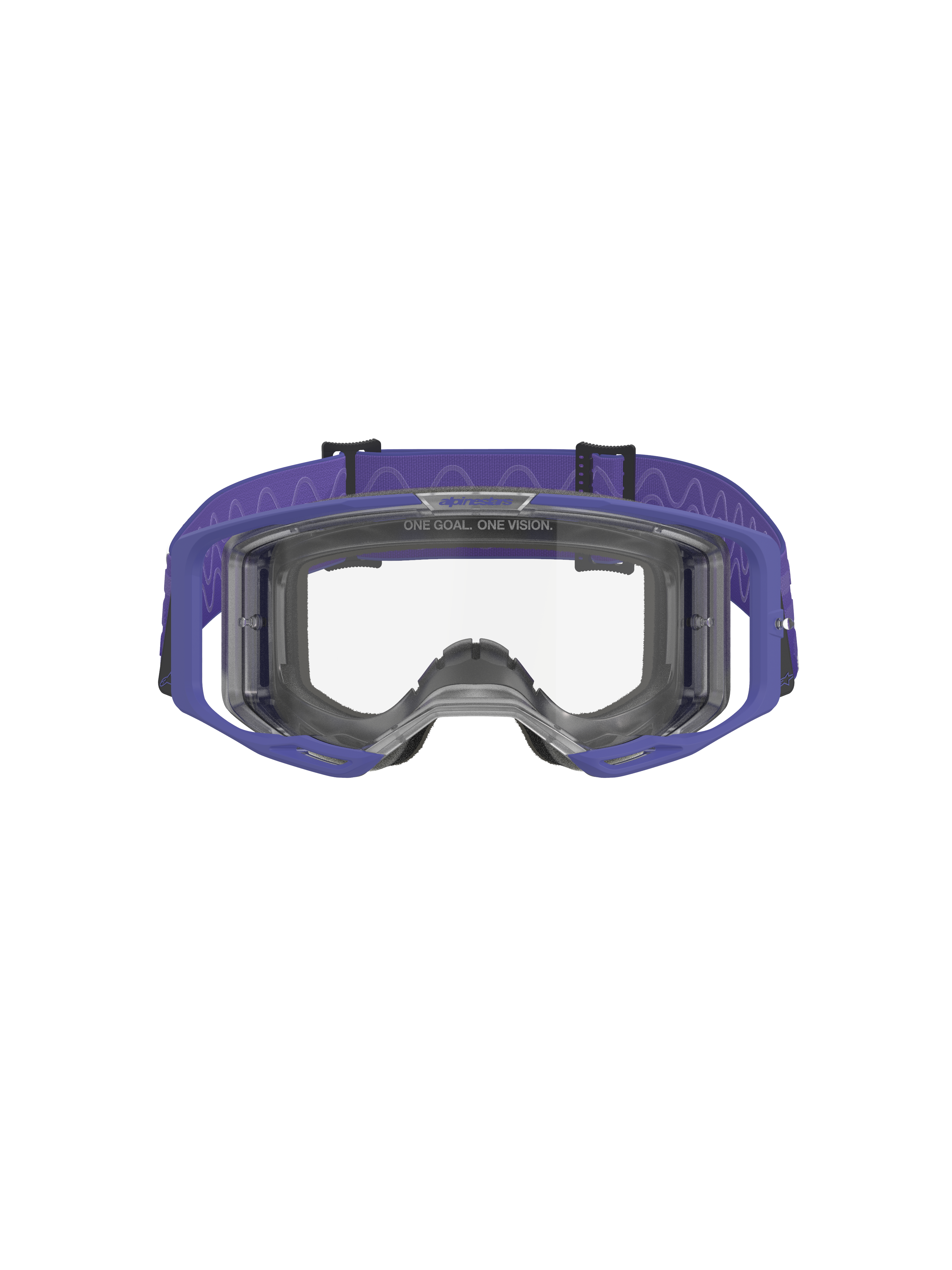 Gogle Alpinestars Vision 8 Corp, gogle motocrossowe, fioletowe i przezroczyste, fioletowa ramka A-FLEX, przezroczysta soczewka przeciwmgielna i szeroki fioletowy tkany pasek z wzorem fali, wysokowydajna ochrona oczu do wyścigów terenowych