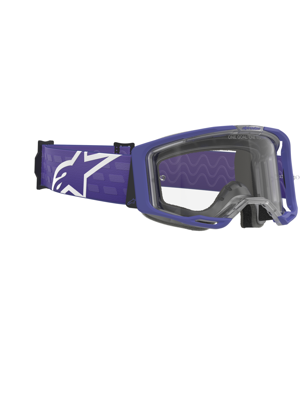 Alpinestars Vision 8 Corp Goggles, gogle motocrossowe, fioletowe i przezroczyste, matowa fioletowa oprawka z przezroczystą soczewką, szeroki fioletowy tkany pasek z dużym białym logo Alpinestars, wysokowydajne gogle off-road