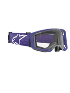 Alpinestars Vision 8 Corp Goggles, gogle motocrossowe, fioletowe i przezroczyste, matowa fioletowa oprawka z przezroczystą soczewką, szeroki fioletowy tkany pasek z dużym białym logo Alpinestars, wysokowydajne gogle off-road