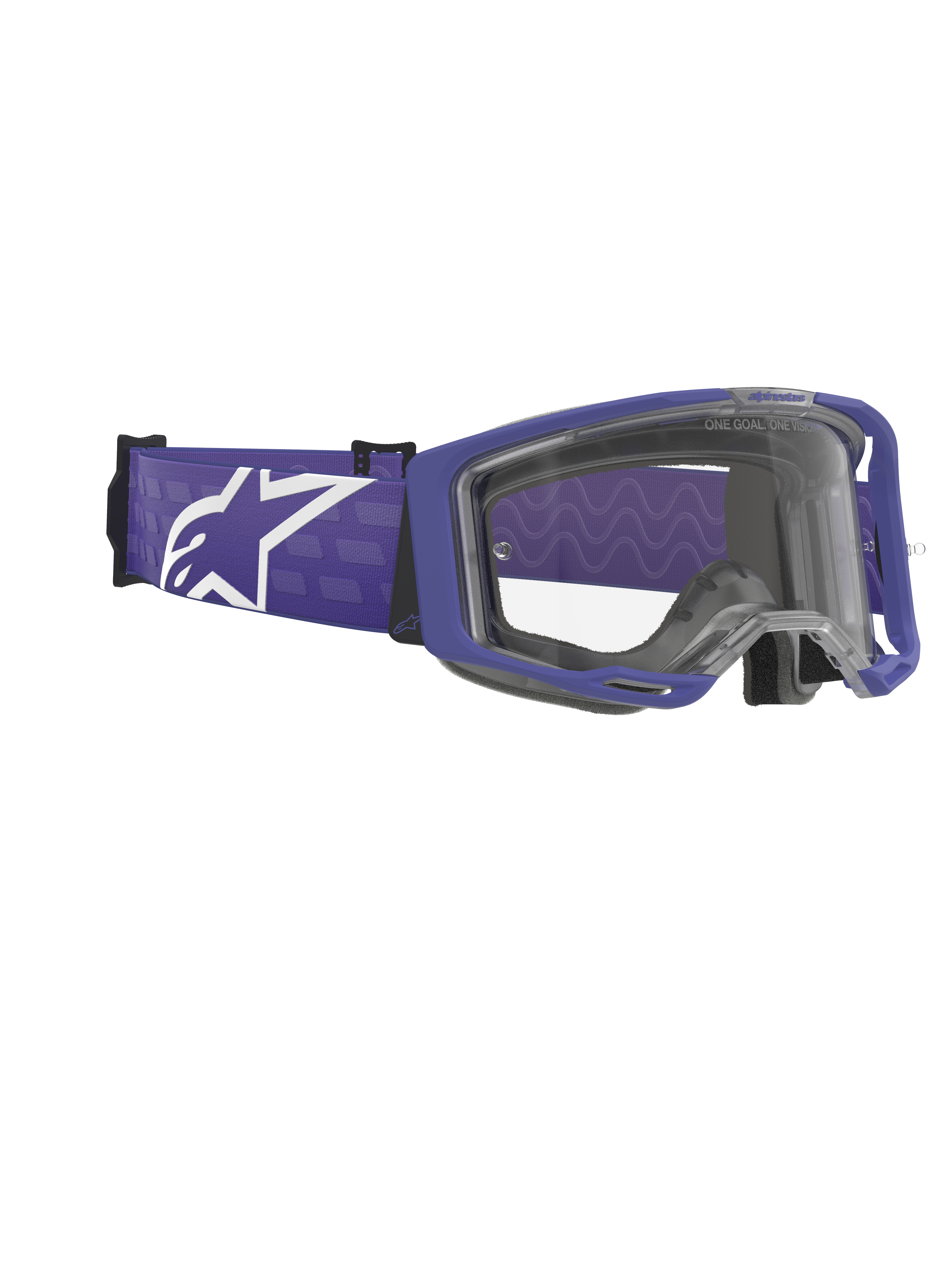 Alpinestars Vision 8 Corp Goggles, gogle motocrossowe, fioletowe i przezroczyste, matowa fioletowa oprawka z przezroczystą soczewką, szeroki fioletowy tkany pasek z dużym białym logo Alpinestars, wysokowydajne gogle off-road
