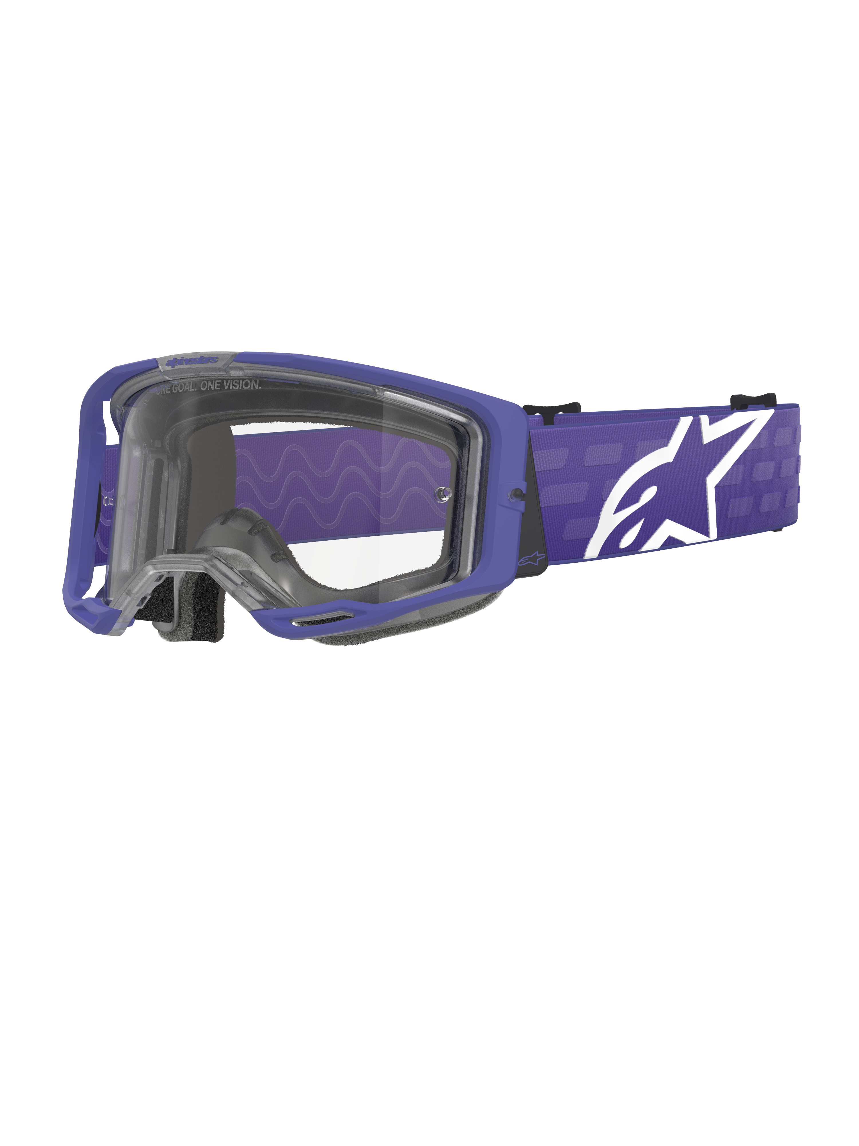 Alpinestars Vision 8 Corp Goggles, gogle motocrossowe, fioletowe i przezroczyste, fioletowa oprawka A-FLEX i przezroczysta szybka, fioletowy pasek z dużym białym logo gwiazdy, szerokie pole widzenia, zaprojektowane dla wydajności w wyścigach terenowych