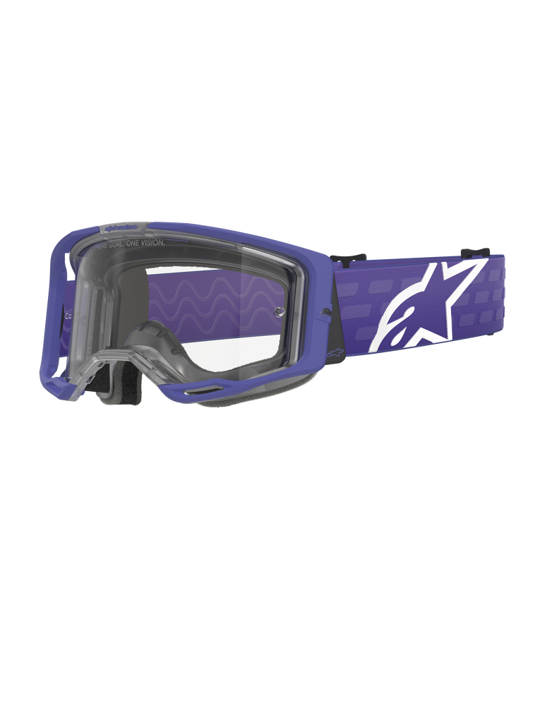 Alpinestars Vision 8 Corp Goggles, gogle motocrossowe, fioletowe i przezroczyste, fioletowa oprawka A-FLEX i przezroczysta szybka, fioletowy pasek z dużym białym logo gwiazdy, szerokie pole widzenia, zaprojektowane dla wydajności w wyścigach terenowych