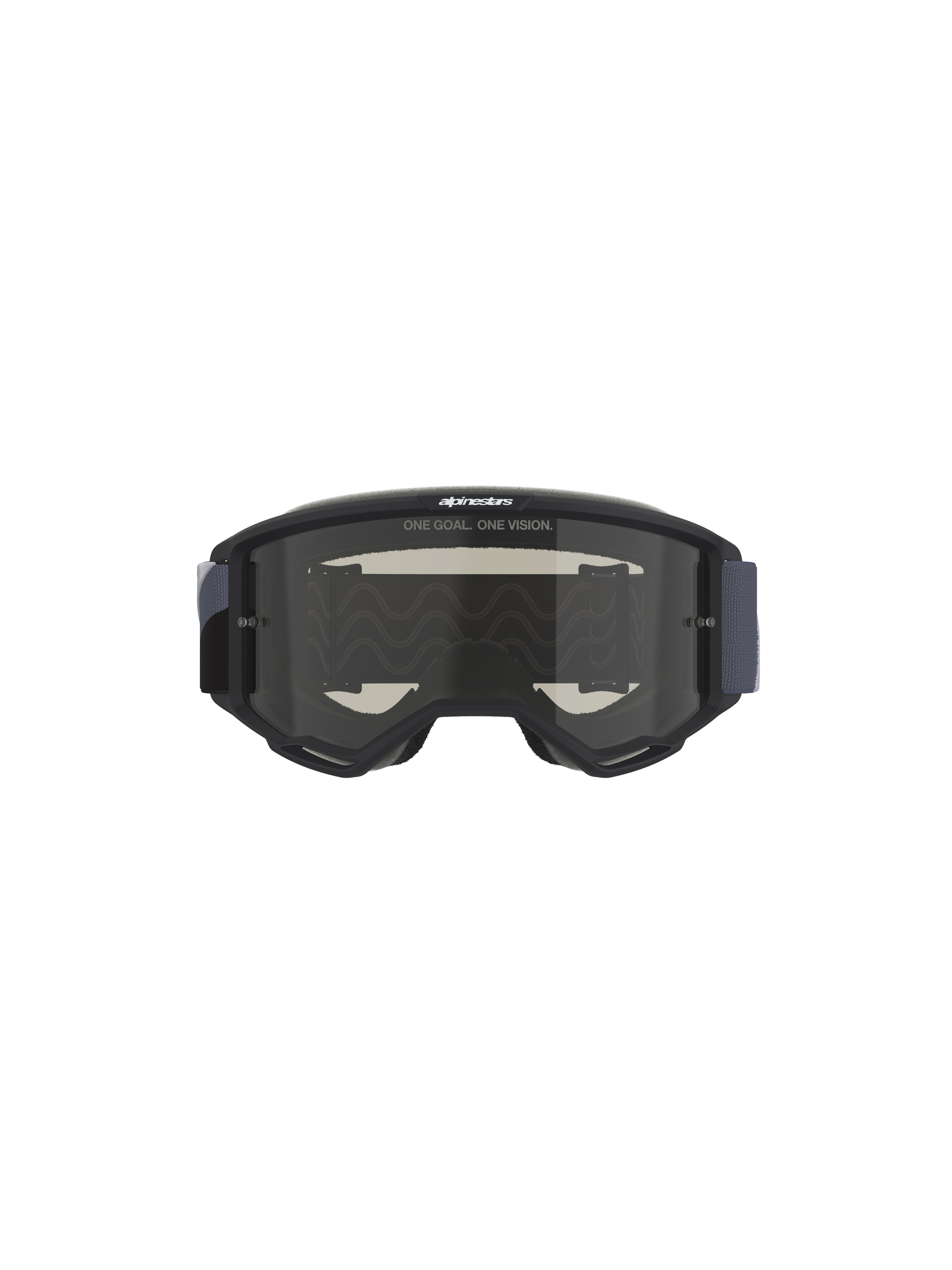 Alpinestars Vision Sand Goggles, Motocross Goggles, Black and Gray with Dark Smoke lens, featuring 'ONE GOAL. ONE VISION.' slogan on the lens, wide woven strap, designed for dust and sand protection in off-road conditions.