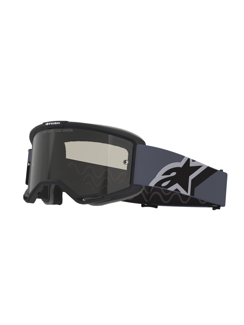 Alpinestars Vision Sand Goggles, Motocross Goggles, Black and Gray frame with Dark Smoke lens, wide blue-gray strap featuring a large black and white Alpinestars logo, protective eyewear for off-road and desert riding