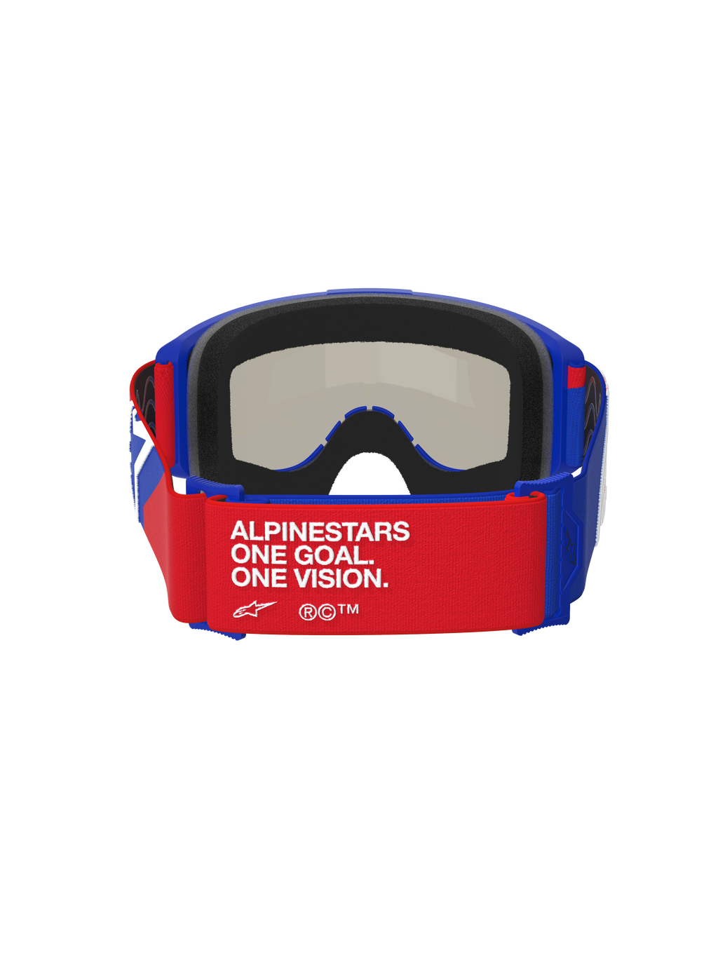 Gogle Alpinestars Vision Sand, niebiesko-czerwono-białe, widok od tyłu z czerwonym paskiem z białym napisem „ALPINESTARS ONE GOAL. ONE VISION.”, niebieska oprawka z grubą czarną wyściółką z pianki, ciemna dymna soczewka widoczna od wewnątrz, wysokowydajne gogle motocrossowe
