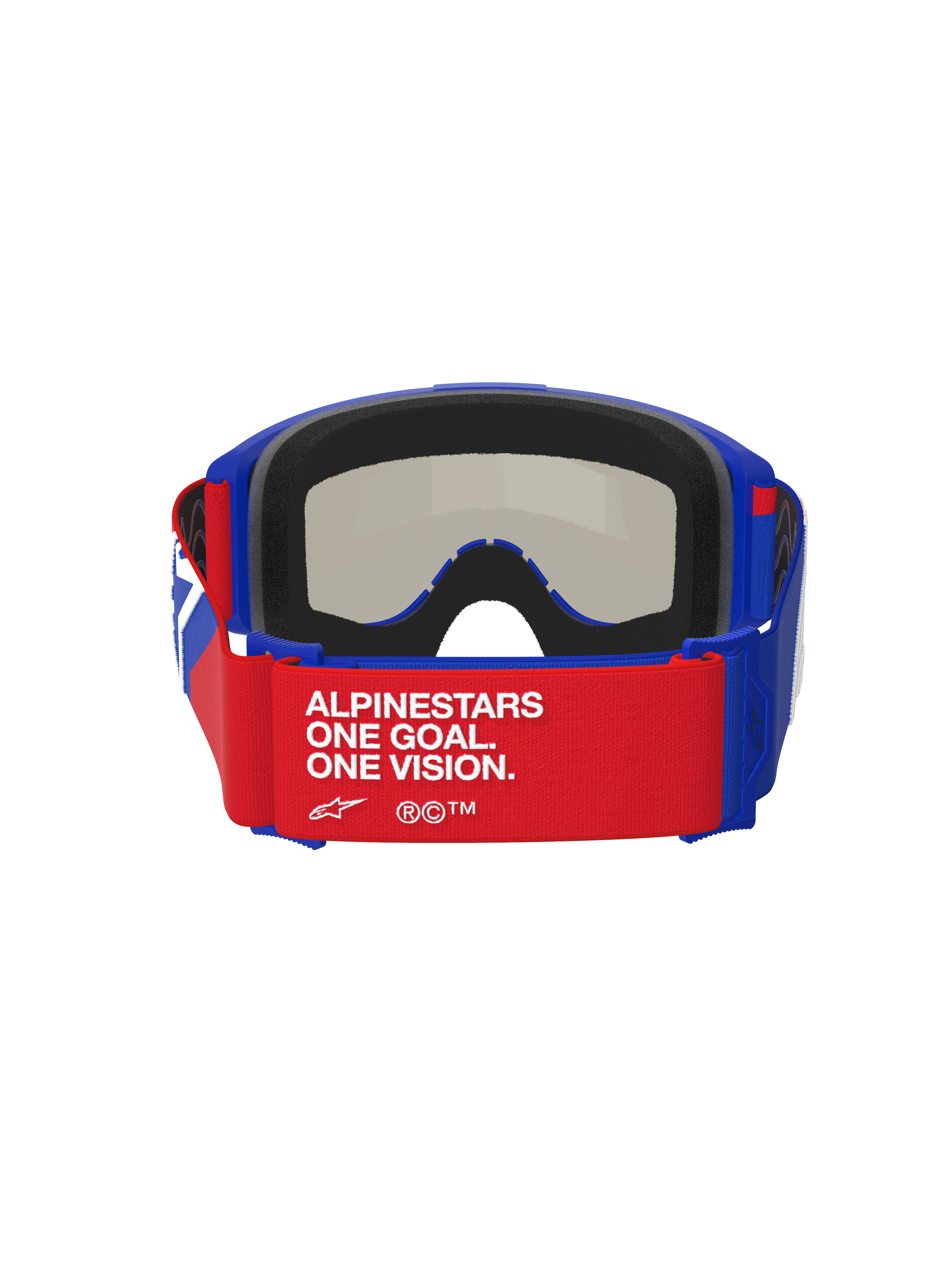 Gogle Alpinestars Vision Sand, niebiesko-czerwono-białe, widok od tyłu z czerwonym paskiem z białym napisem „ALPINESTARS ONE GOAL. ONE VISION.”, niebieska oprawka z grubą czarną wyściółką z pianki, ciemna dymna soczewka widoczna od wewnątrz, wysokowydajne gogle motocrossowe