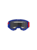 Alpinestars Vision Sand Goggles, Blue frame with Red and White strap accents, Dark Smoke tinted lens, featuring 'ONE GOAL. ONE VISION.' slogan on the top, high-performance motocross eyewear designed for desert and off-road protection