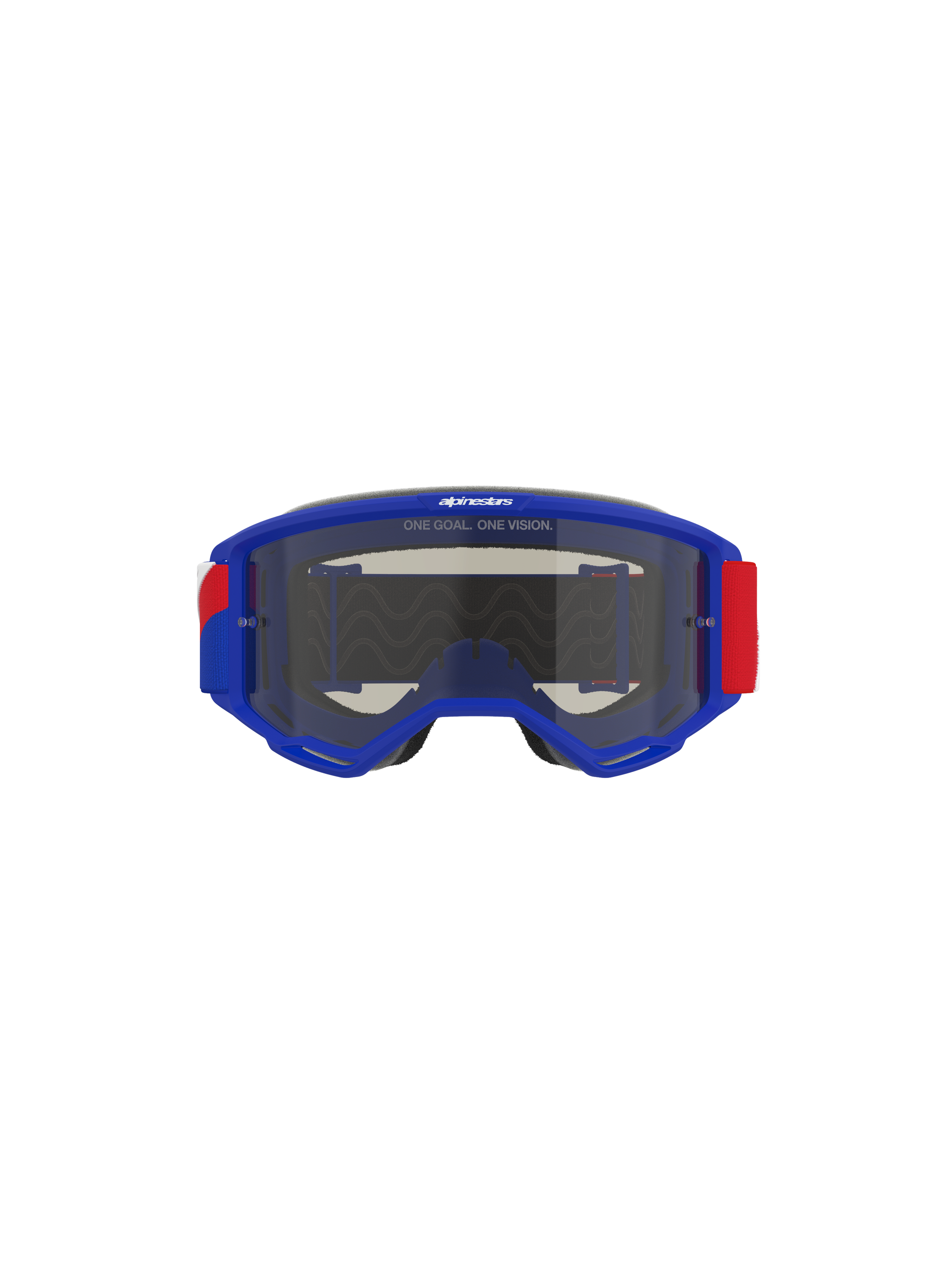 Alpinestars Vision Sand Goggles, Blue frame with Red and White strap accents, Dark Smoke tinted lens, featuring 'ONE GOAL. ONE VISION.' slogan on the top, high-performance motocross eyewear designed for desert and off-road protection